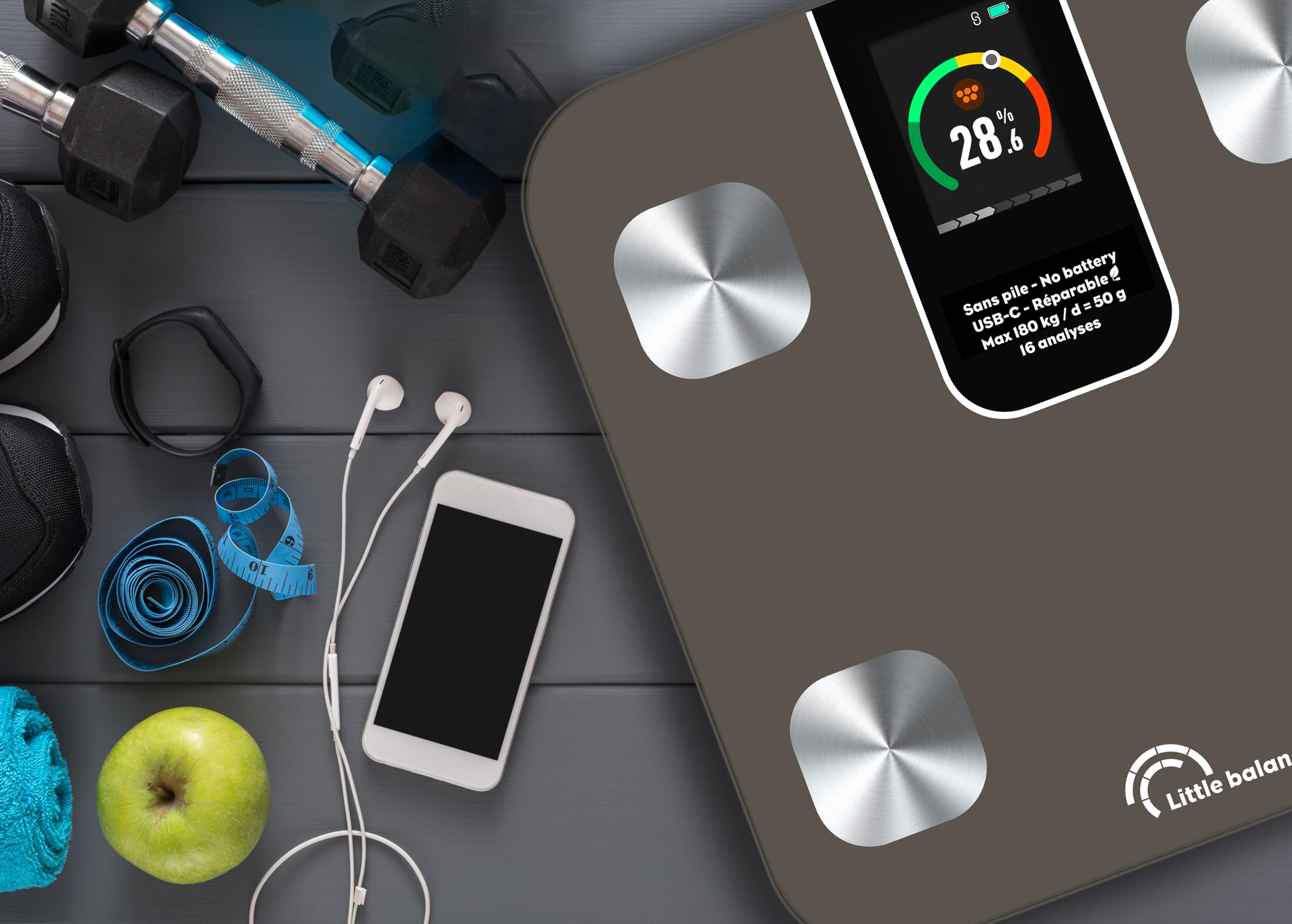 LITTLE BALANCE 8837 IC-X4-TFT, Pèse Personne, Ecran XXL couleur, Balance Impédancemètre Connecté, Pèse-personne Intelligent avec application, Sans Pile USB-C, 4 électrodes, 22 mesures, 180 kg/50 g