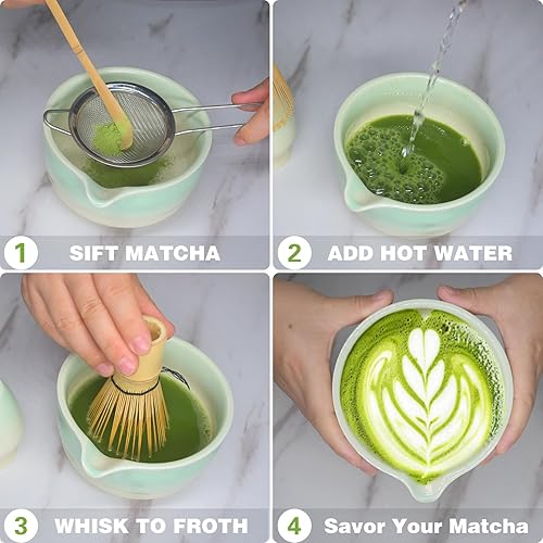 Miniatura 5 de Juego de batidor de matcha, cuenco de cerámica con boquilla, batidor de bambú, cuchara tradicional, soporte de Chasen, tamiz de polvo, kit de