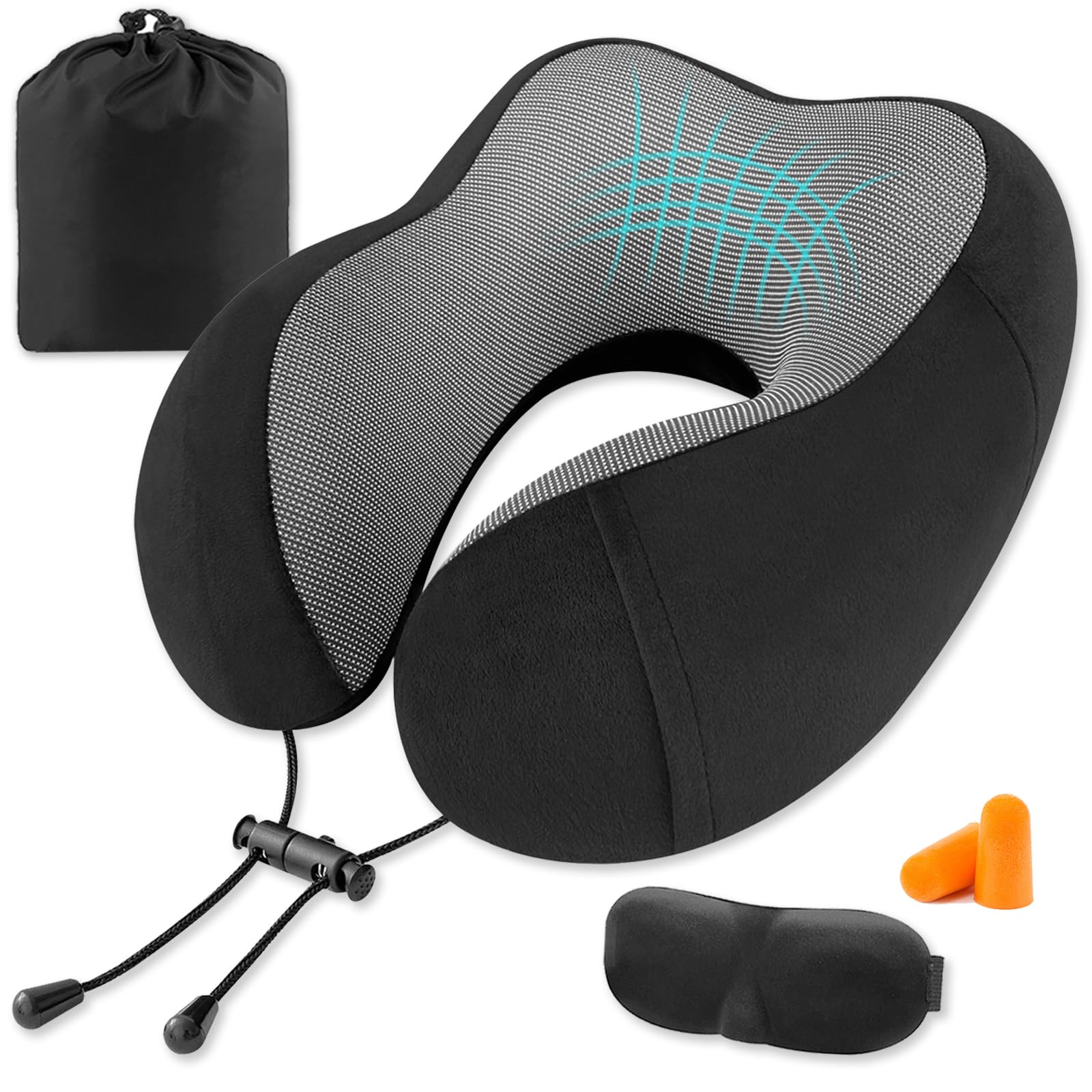 CNMTCCO Nackenkissen Flugzeug, Verstellbares Nackenhörnchen Memory Foam, Ergonomisches Flugzeug Kissen mit Ohrstöpseln, Augenmaske,Tragetasche, Reisekissen für Reise Airplane, Auto, Erwachsene Schwarz