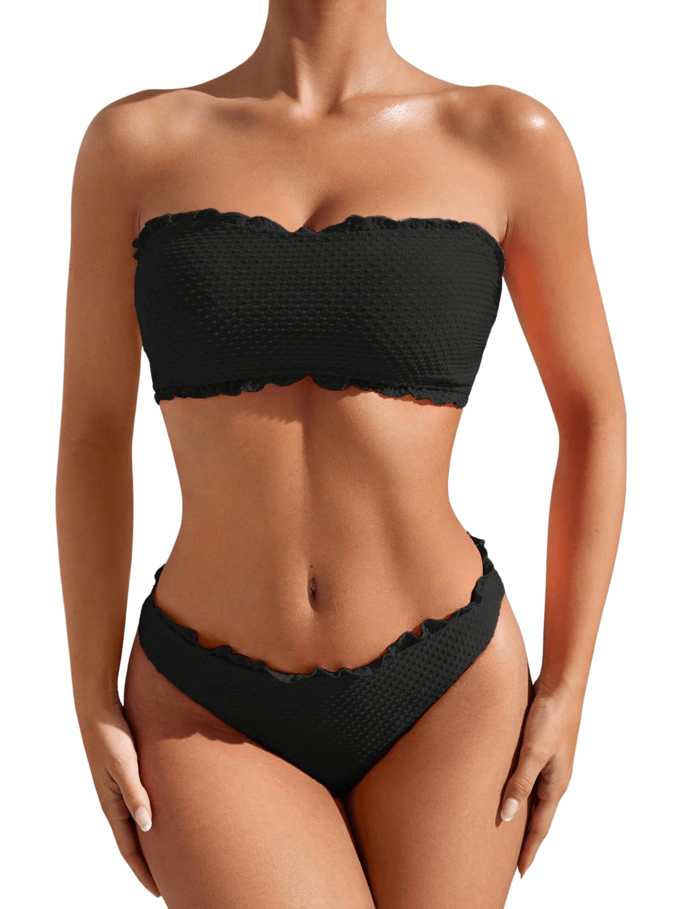 GORGLITTER Bikini para mujer, sin tirantes, con dobladillo ondulado, juego de dos piezas, traje de baño