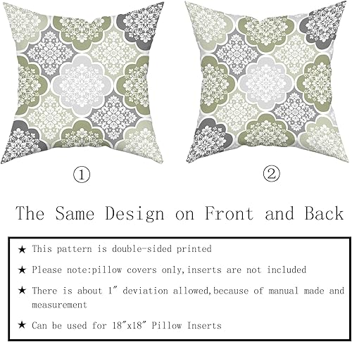 Miniatura 6 de Juego de 2 fundas de almohada de color verde para exteriores de 18 x 18 pulgadas, color verde azulado y gris, floral, estilo bohemio, fundas de