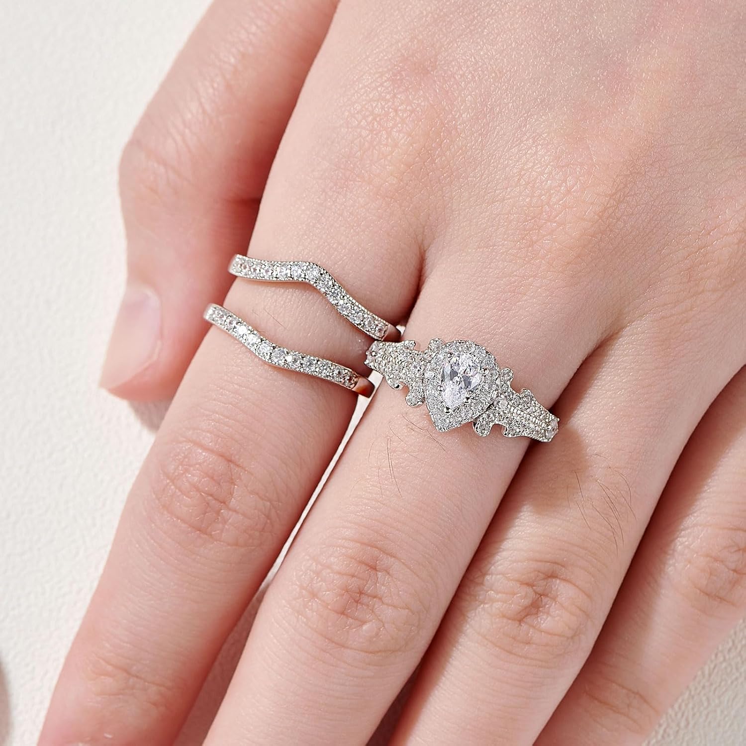 Newshe Jewellery Wedding Ring Sets for Women AAAAA Cz Engagement Band 925 Sterling Silver 1.5Ct Pear Bridal Sets Vintage Size 4-13