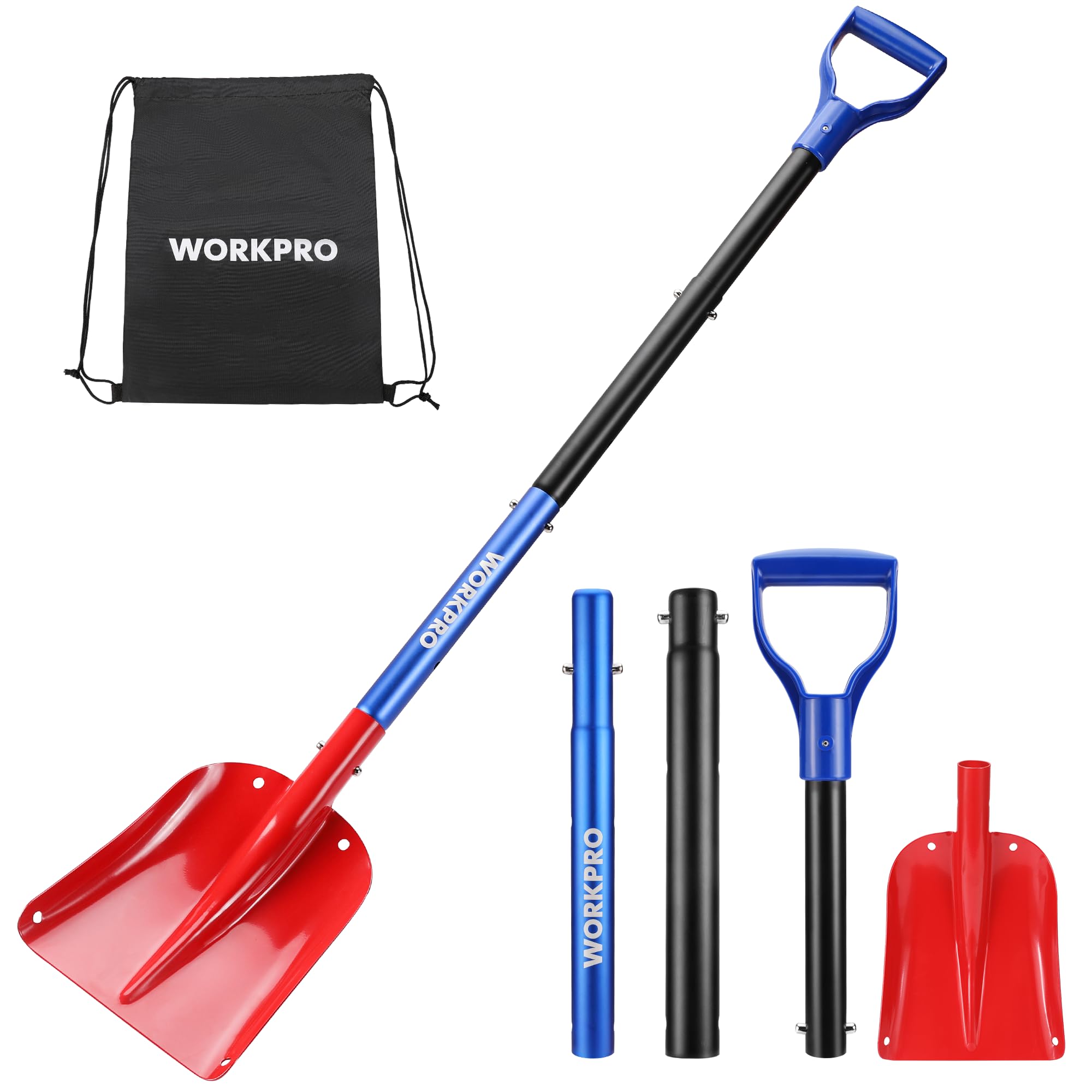 WORKPRO Snow Shovel with Storage Bag, Lightweight Aluminum Parent-Child Square Shovel, Retractable Portable Snow Removal Tools Perfect for Garden Debris, Camping, Snowman Playing and Emergency