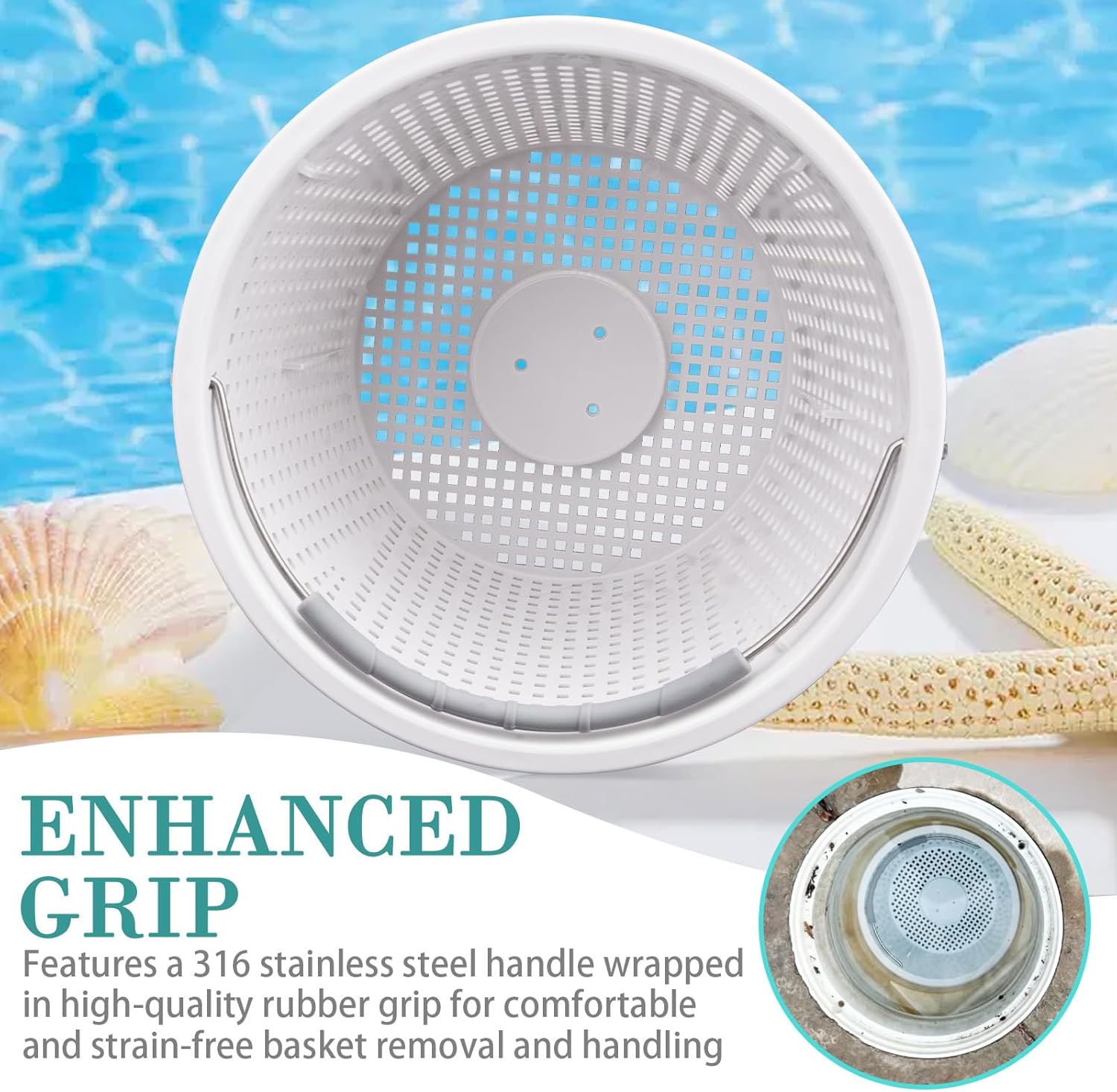 8" Pool Skimmer Basket for Inground Pool, Compatible with Pentair U-3 Skimmer Basket 08650-0007 and Hayward SP1070 SPX1070E Pool Basket,with Built-in Brass Weight, Handle and Rubber Grip