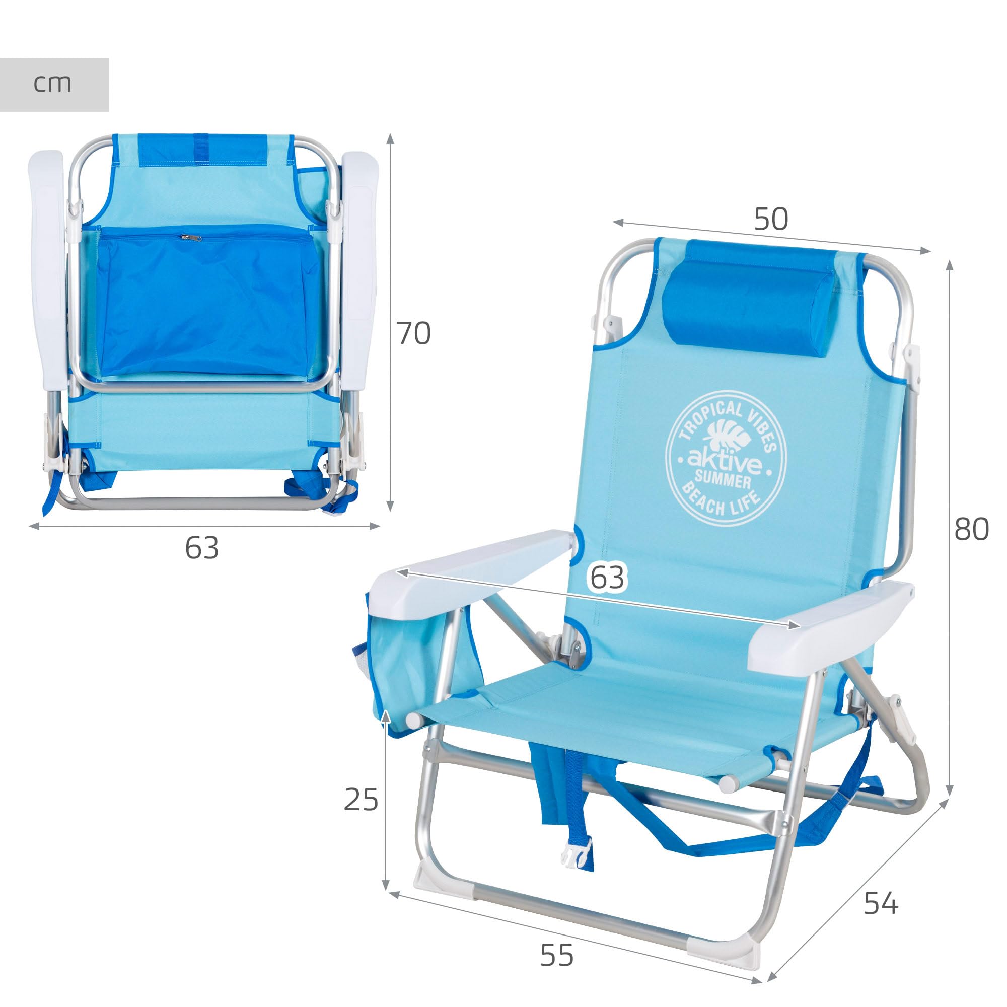 AKTIVE Silla de playa con mochila, 50x54x80 cm, Silla de playa multiposición, Silla plegable, hasta 110 kg, Azul, 5 posiciones, Convertible en tumbona (62510)