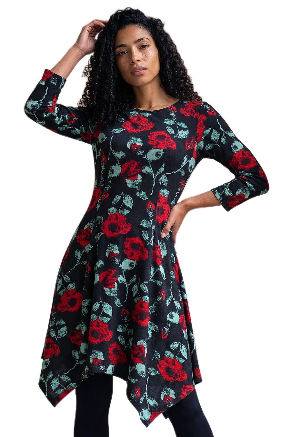 Roman Women's Rose Print Hanky Hem Dress in Black | Size: 18