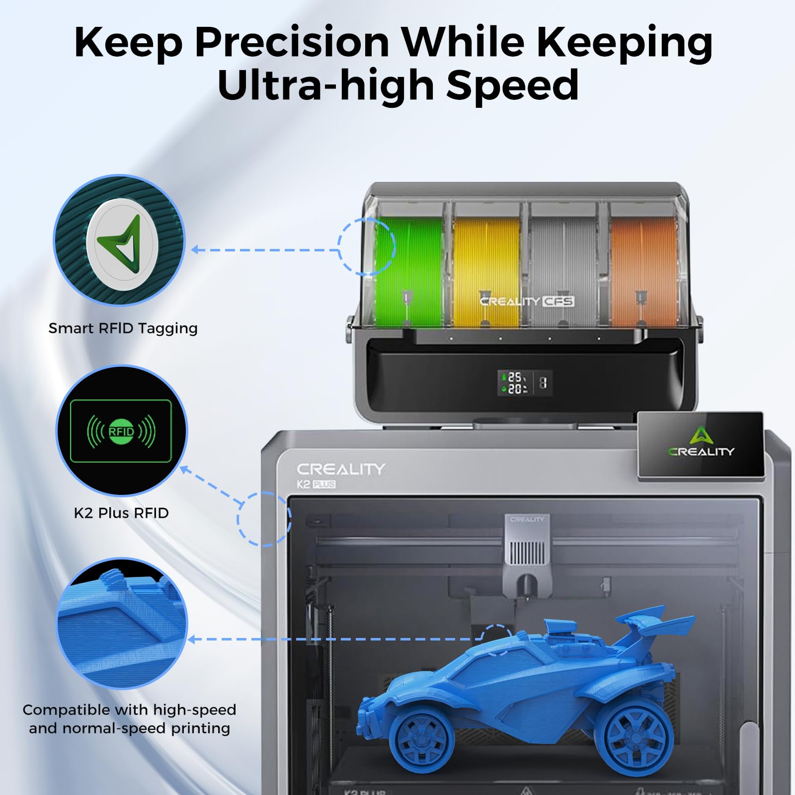 Creality Filamento RFID Hyper PLA ad alta velocità, 30-600 Mm/s, PLA iper 4Kg (8.8 lb), bobina da 1,75 mm, per CFS, adatto per K2 Plus Combo e la maggior parte delle stampanti 3D, 4 nero