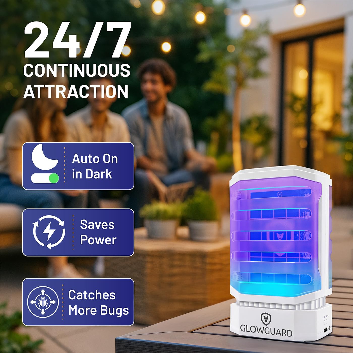 GlowGuard-X Rechargeable Indoor Fly Trap & Gnat Killer, Multi-Purpose Mosquito Trap and Shockless Indoor Bug Zapper, Includes 1 Device + 4 Glue-Card Refills, 40hr Battery or Plug-in 24/7, White