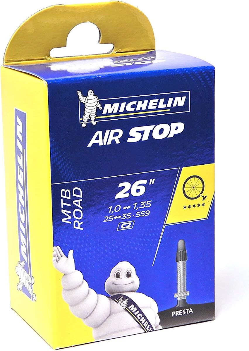 Cámaras Michelin AirStop - 26 x 1 - 1,5 pulgadas con válvula Presta de 40 mm, construcción de butilo, protección plana Protek de cuenta a cuenta, cámara de aire para bicicleta resistente a pinchazos | tubos de bicicleta