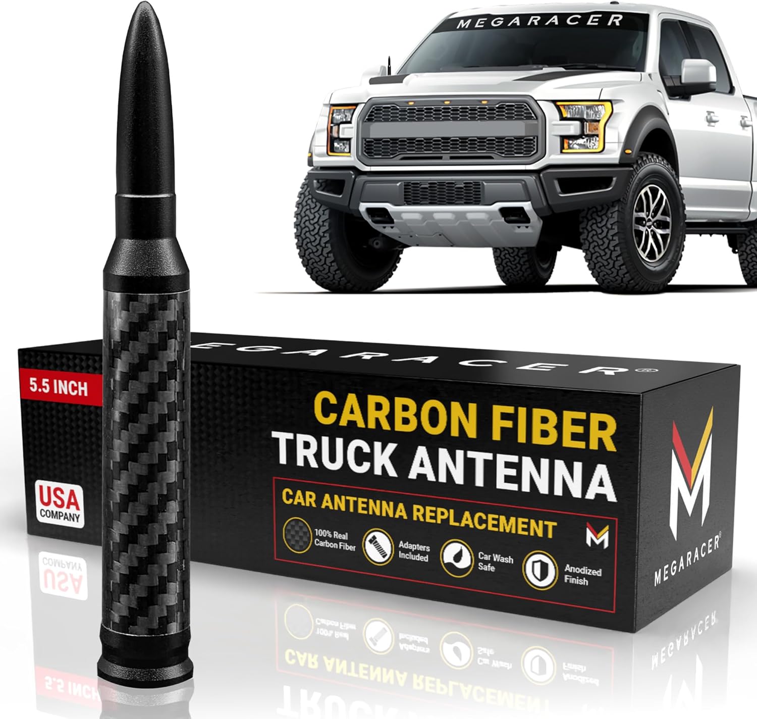 Carbon Fiber 50 Cal Bullet Antenna for Truck | Ford F150 RAM Silverado 1500 GMC Sierra Jeep Wrangler Tundra & More | Antena para Carro | Car Antenna Replacement | Truck Accessories | 5.5 Inch
