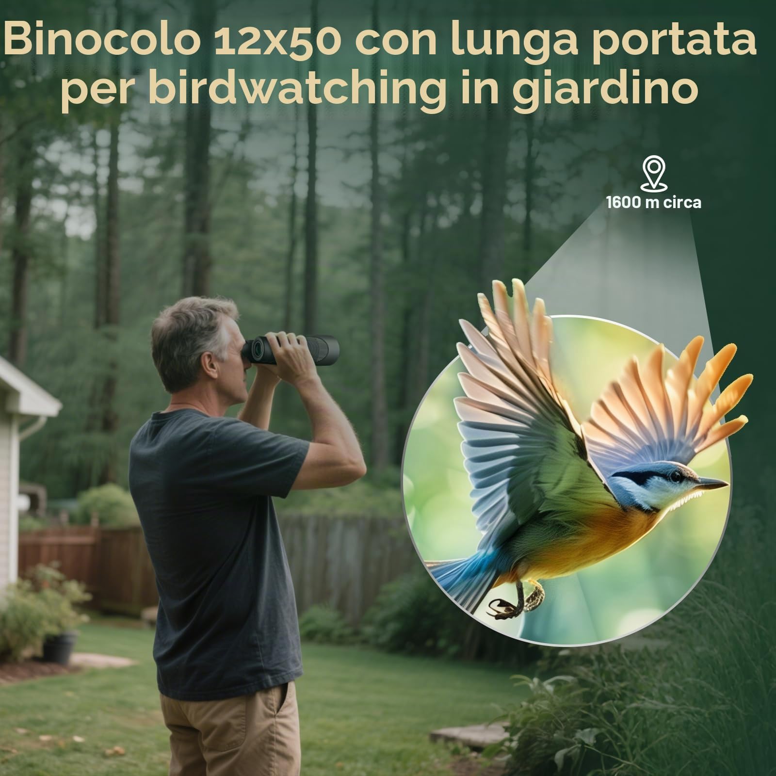 Binocolo per bird watching, 12 x 50, per adulti, HD, ad alta potenza, con visione chiara, facile messa a fuoco, con lungo raggio, per caccia, escursionismo, viaggi, crociera, concerti, osservazione