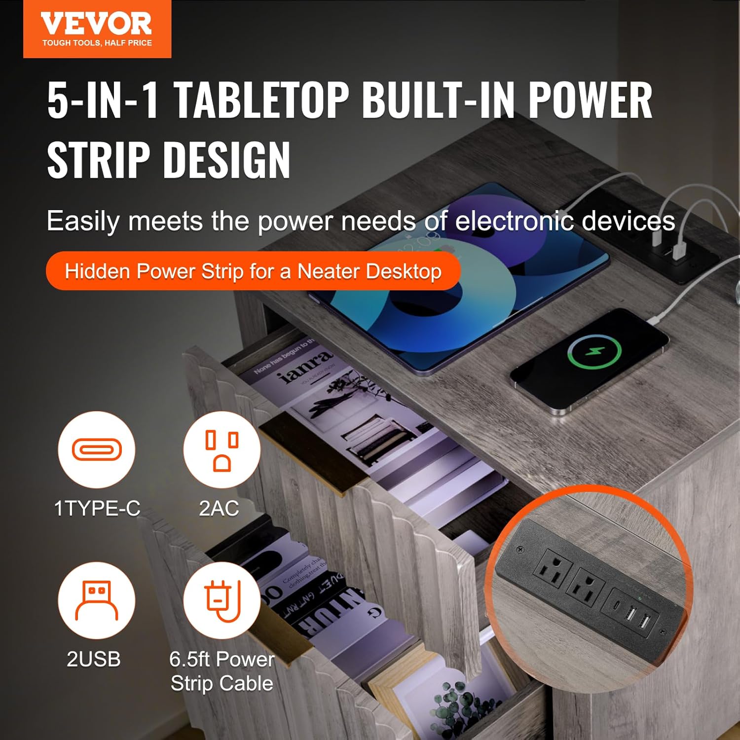 VEVOR Farmhouse End Table Set of 2, Night Stand with Charging Station and USB-A/C Ports, Rustic Side Table with Drawer and Storage Cabinet, Bedside Table for Bedroom, Living Room, Office, Oak Gray