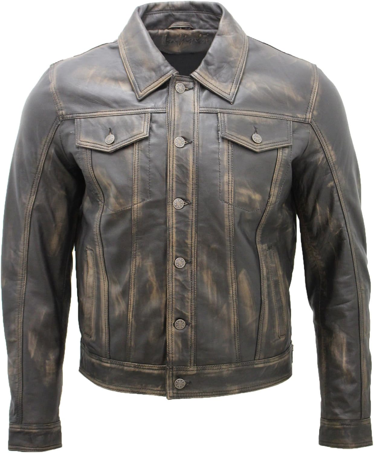 Men's Trucker Slim Fit Casual Vintage Black Leather Shirt Jeans Jacket