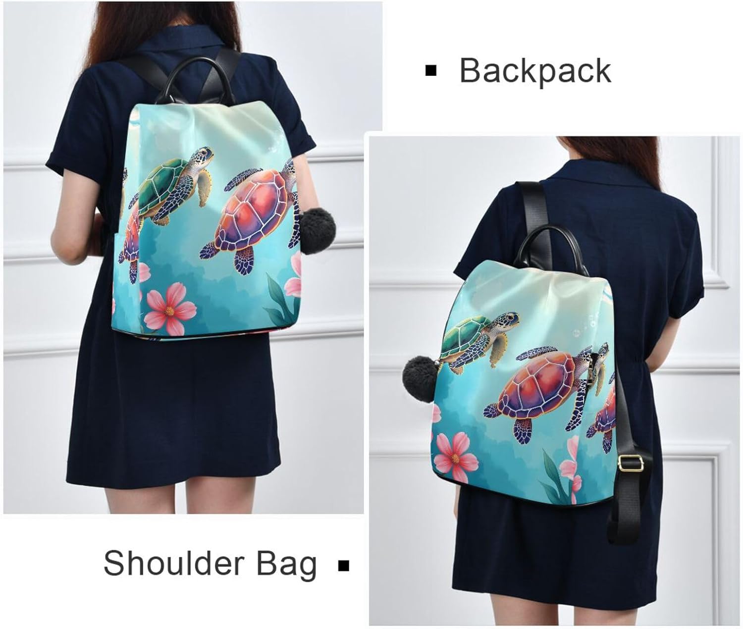 ALAZA Sea Turtle Pink Flowers Backpack Purse for Women Anti Theft Fashion Back Pack Shoulder Bag