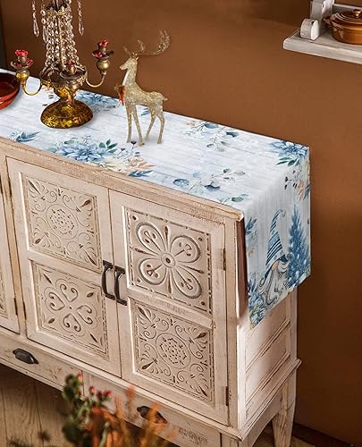 Miniatura 4 de Camino de mesa de Navidad, algodón y lino, bufandas de tocador de vacaciones de 36 pulgadas, gnomos de eucalipto azul retro, diseño de copos de