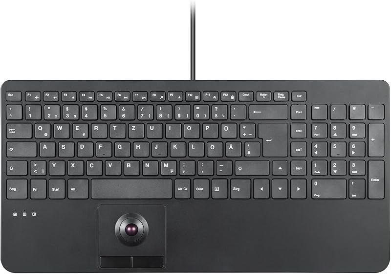 Perixx PERIBOARD-538 Kompakt Vezetékes USB Billentyűzet Beépített Trackball-lal, Ollós Mechanizmus, 2 USB Hub, Numerikus Billentyűzet, Német
