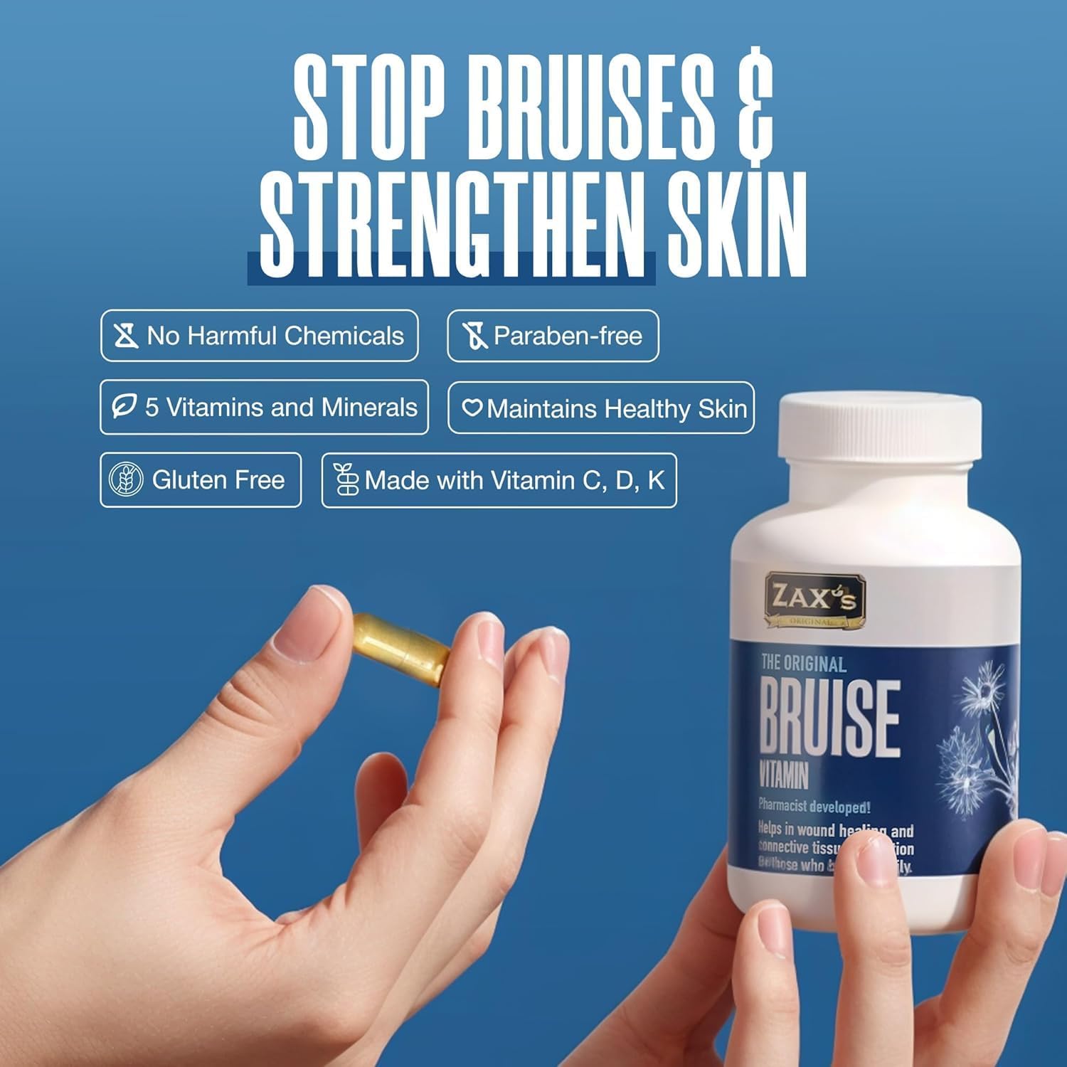 ZAX'S Bruise Vitamin Pharmacist Developed Bruising Supplements Potent Bruising Swelling Reducer, Zinc, Vitamin K, D3, Ascorbic Acid, Citrus Bioflavonoids, 60 Caps, Combine Arnica Bruise Cream