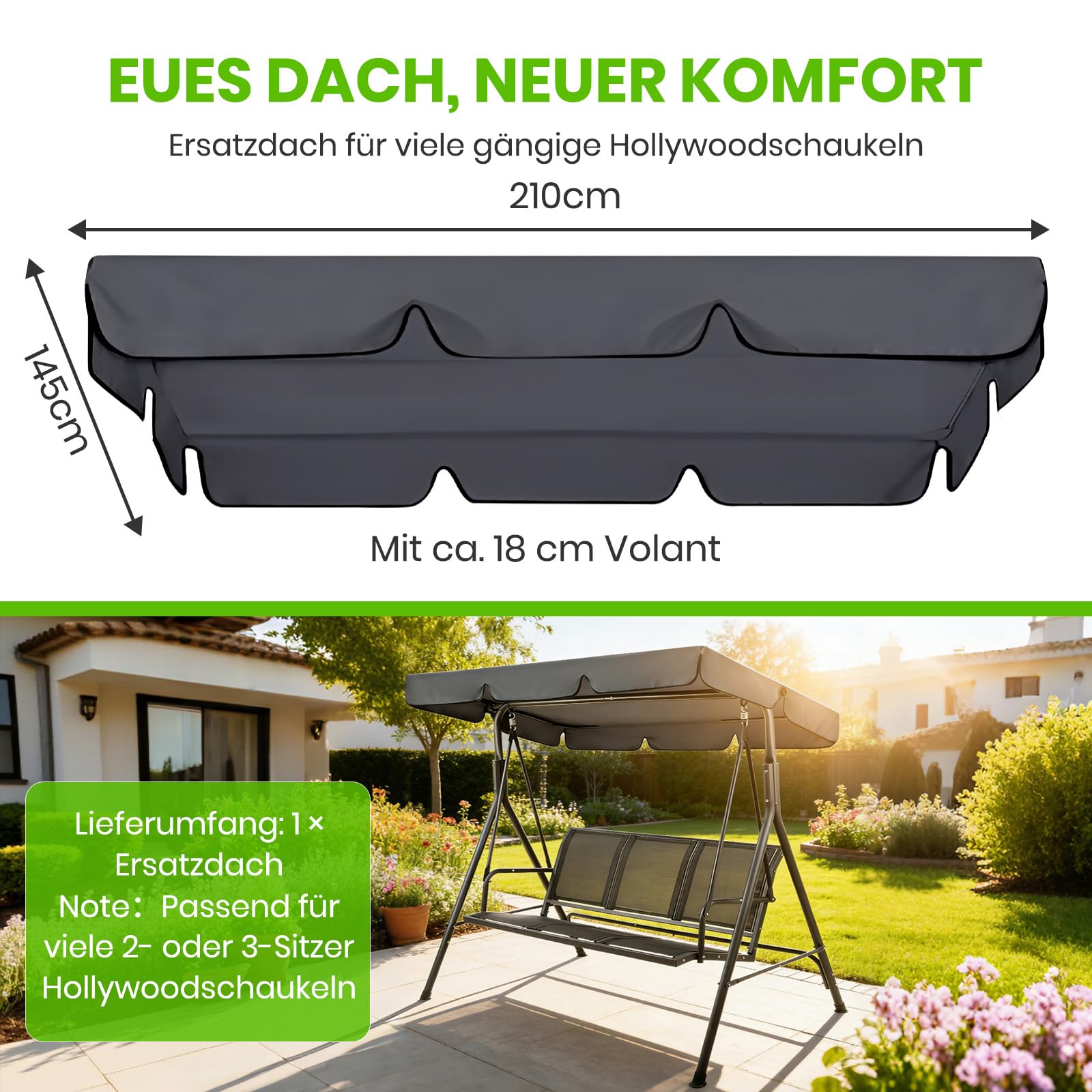 Hollywoodschaukel Dachbezug 3 Sitzer UV-Schutz Wasserdicht，200x120cm | Für Garten & Terrasse, Outdoor geeignet, Für Balkon, Schaukel Ersatzteil, Wetterfest, Reißfest