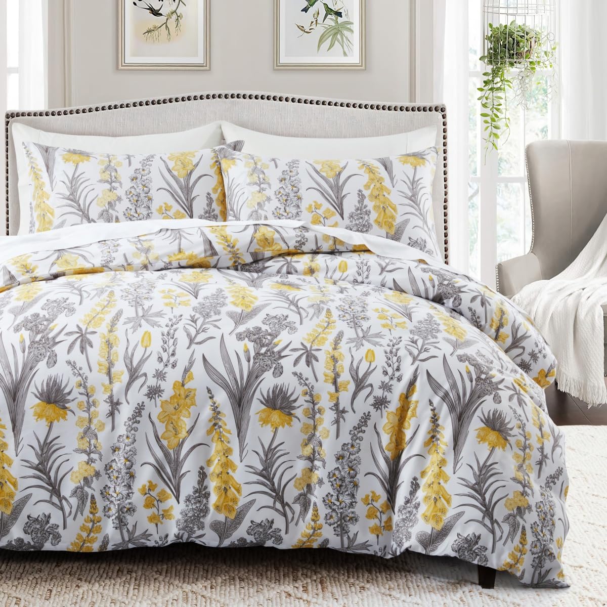 Housse de couette fleurs jaunes anti-plis parure de lit 240 x 260 cm microfibre sans repassage