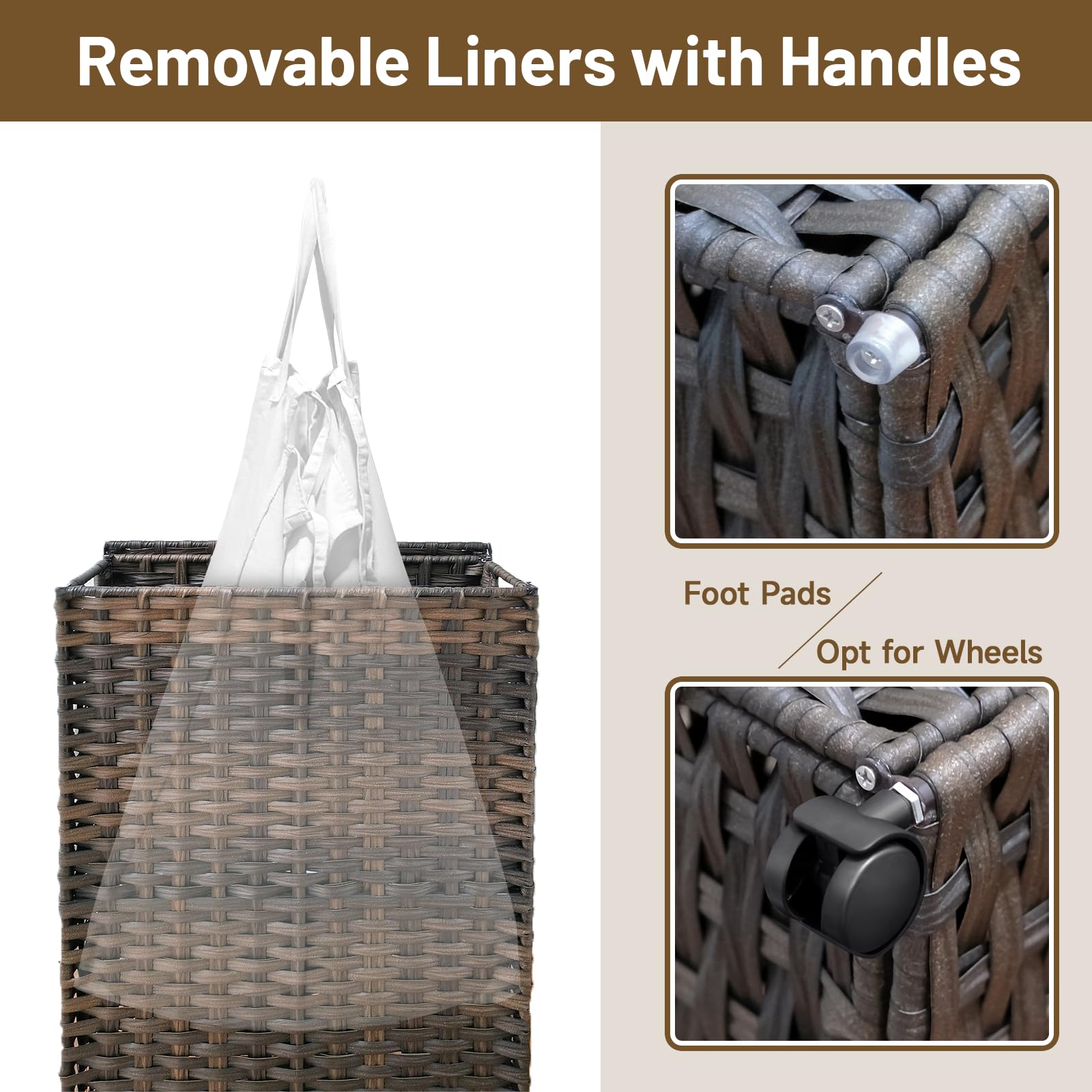 70L Slim Laundry Hamper with Lid & Wheels, 2-teiliger Rollwäschekorb mit 4 herausnehmbaren Auskleidungsbeuteln & 3 Netztaschen, schmaler schmutziger Wäschekorb, faltbarer handgewebter