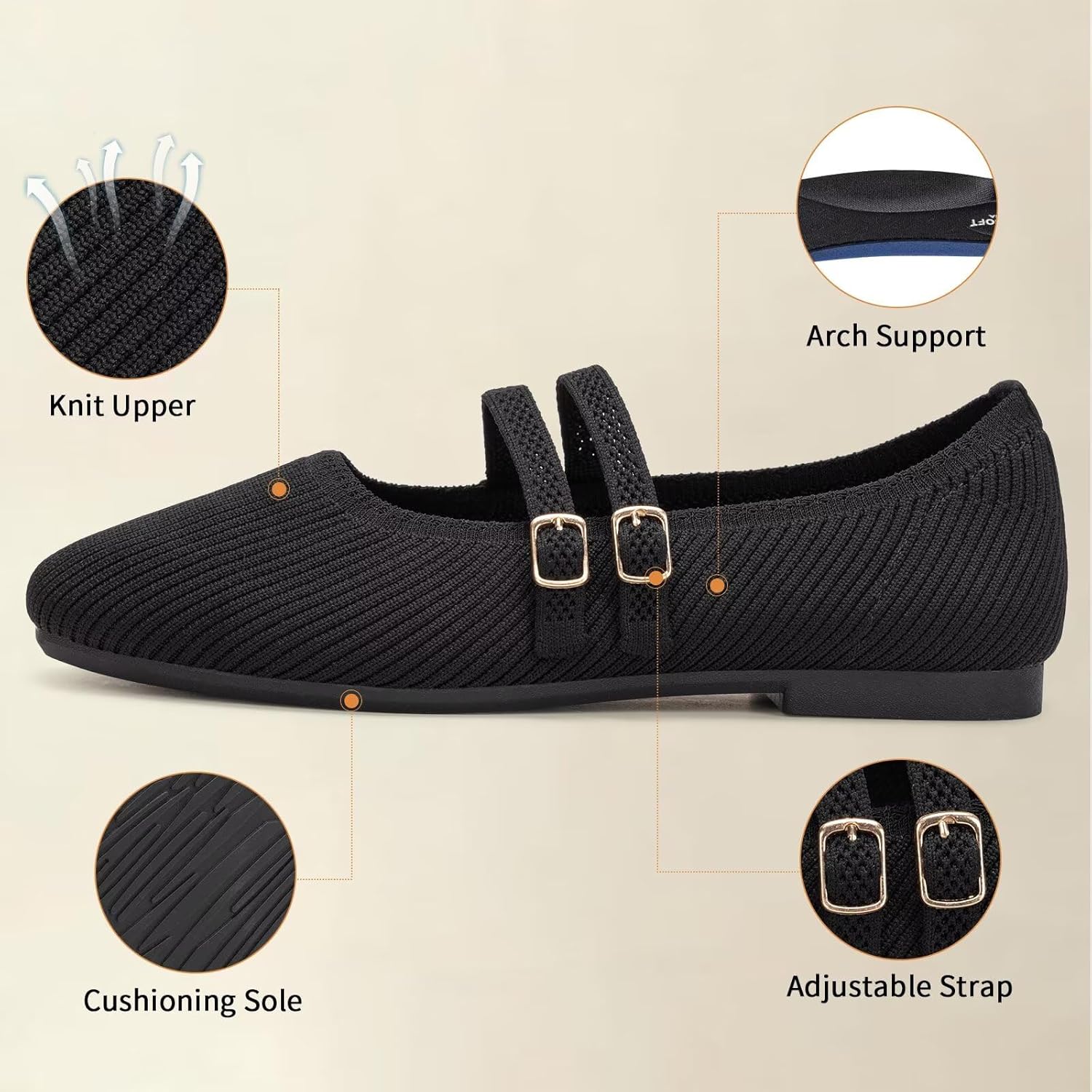 Frank Mully Women's Flats Square Toe Mary Jane Shoes Ballet Flats with Strap Comfortable Slip On Knit Shoes Dressy Casual - Image 6