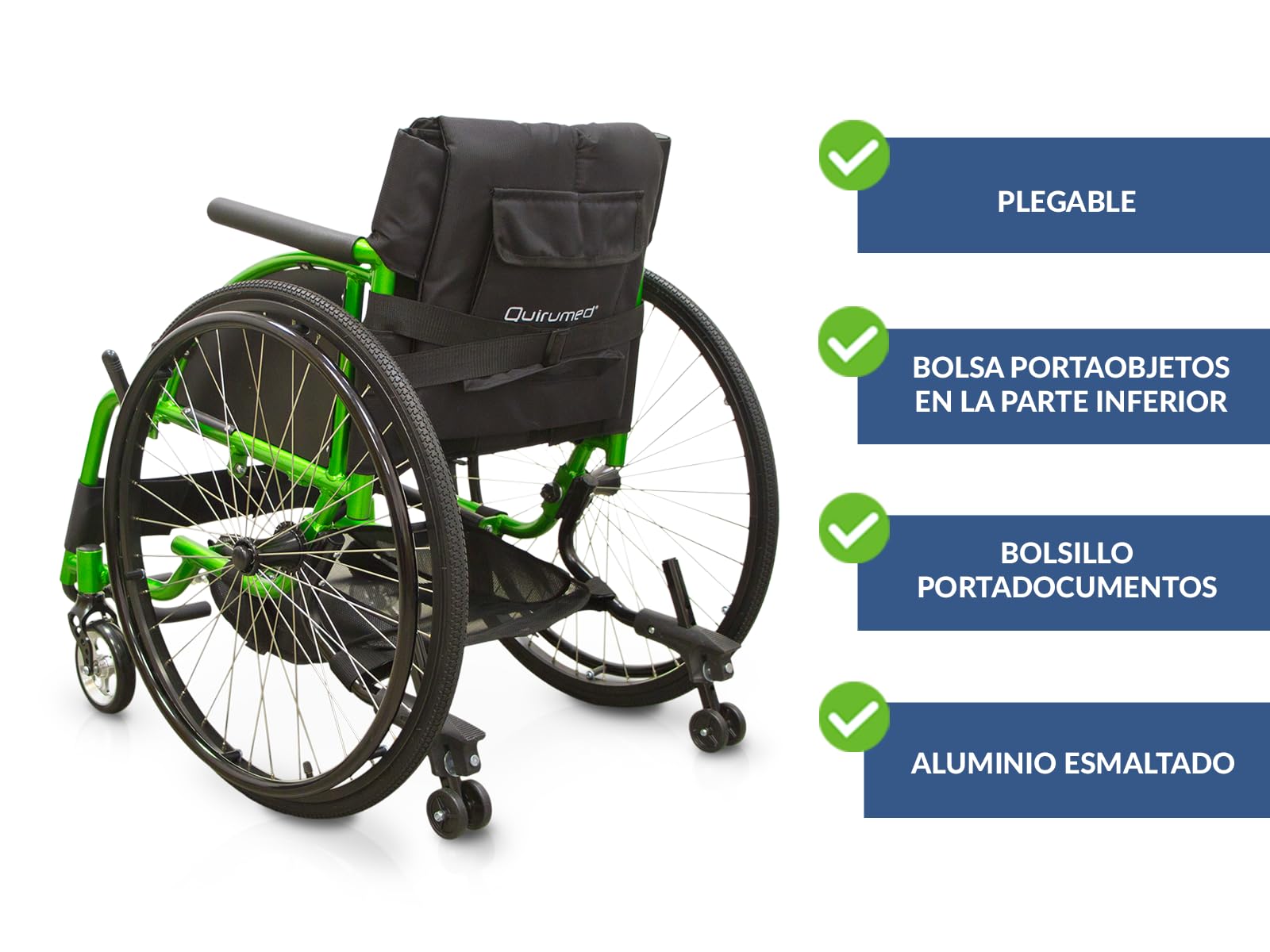 QUIRUMED Silla de ruedas deportiva, Plegable, Aluminio, Asiento acolchado, Cinturón de seguridad, Liberación rápida, Freno manual, Bolsillo portaobjetos, 74 x 57 x 84 cm