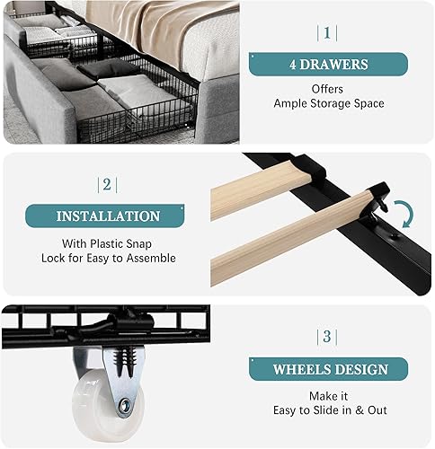 Miniatura 41 de HOOMIC Base de cama de almacenamiento de plataforma de tamaño matrimonial con 4 cajones y cabecera ajustable, listones de madera, no necesita Negro,