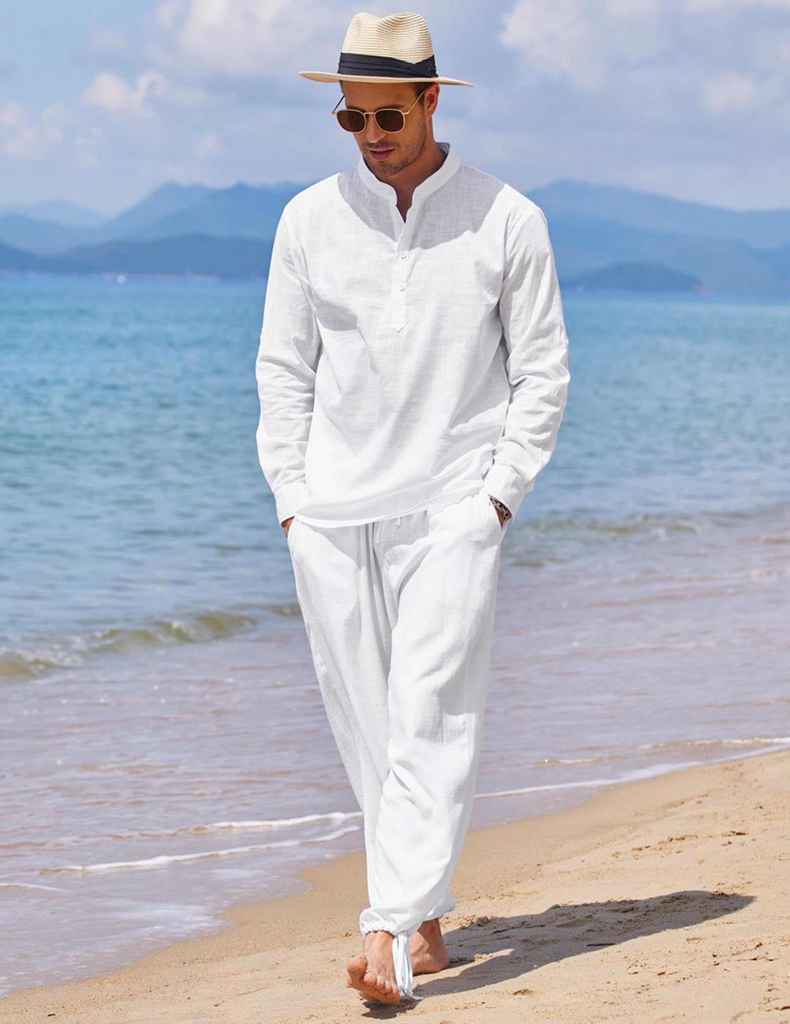 COOFANDY Pantalon sarouel décontracté en coton et lin pour homme - Taille élastique - Pour la plage - Boho - Yoga