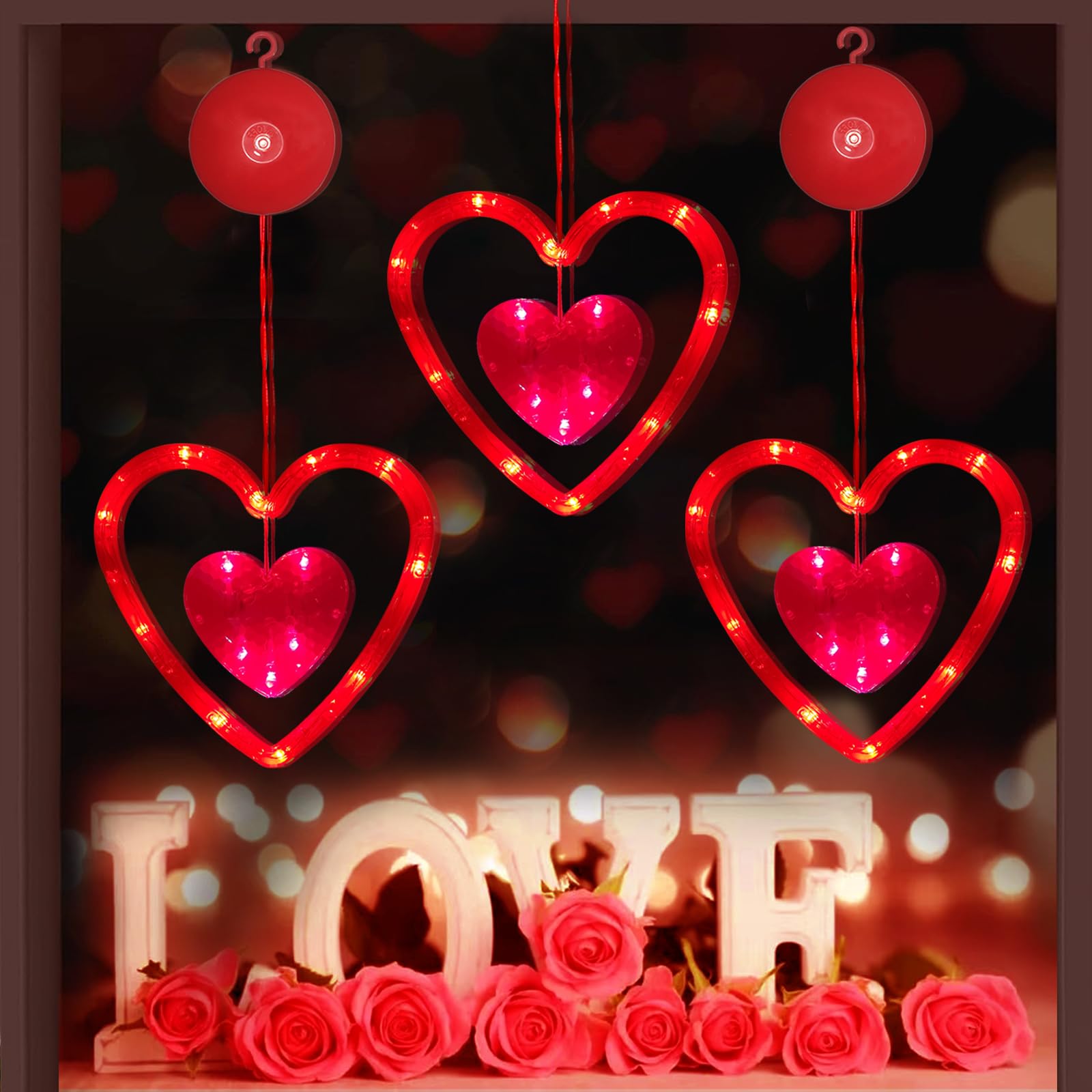 Valentines Decorations 8 Pack Valentines Day Window Lights Hanging Red Heart Lights with Suction Cup, Valentine Window Lights Battery Operated Valentine Lights for Home Wedding Valentines Day Decor