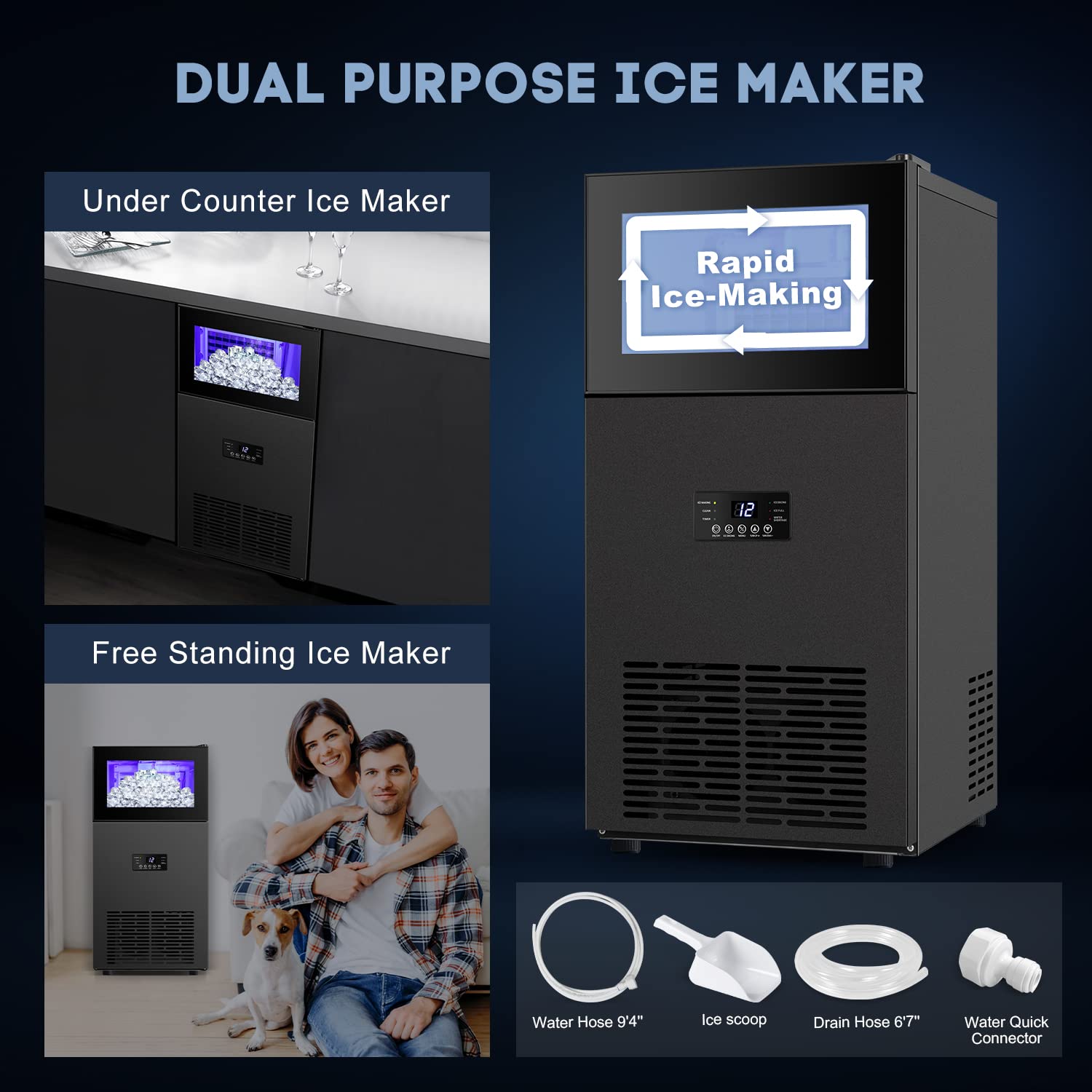 Upgraded Commercial Ice Maker - 130LBS/24H with 35LBS Storage Bin, 15" Wide Frosted Black Undercounter/Freestanding Ice Machine for Home Bar & Outdoor Use - Produces 45 Ice Cubes