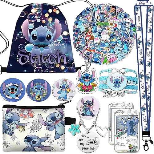 Stitch Merchandise Stuff - Juego de regalo para niñas, bolsa con cordón de dibujos animados de Stitch Anime, cordón para llavero, bolso, pulseras,