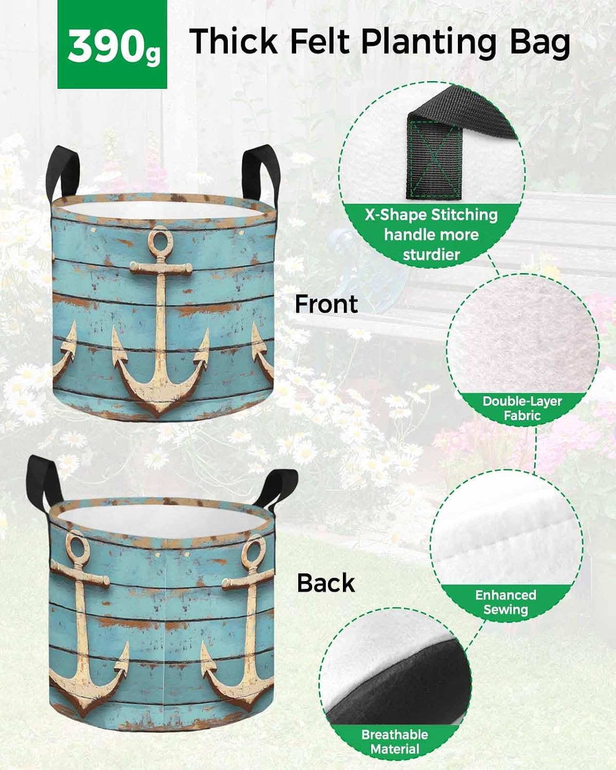 5 Gallon Grow Bags Planter Bag, Nautical Anchor on Vintage Wood Grain Fabric Plant Pots with Handle,Flower Grow Bag for Vegetable Potato Tomato, Marine Plank Gardening Bags