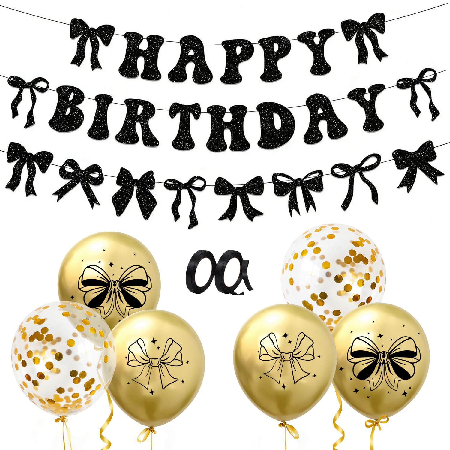 Black Bow Happy Birthday Banner with 6pcs Balloons, QRTDXP Birthday Decorations Set for Children and Adults Party Backdrop