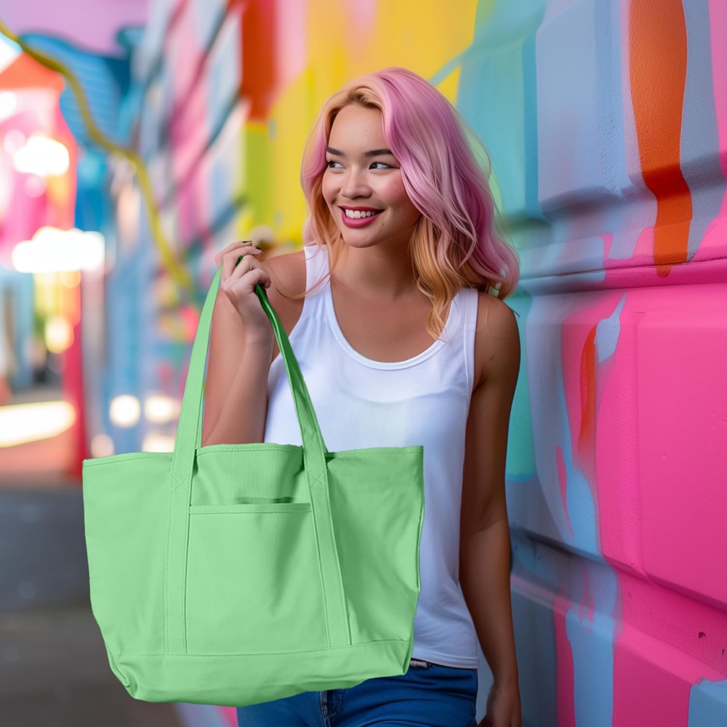 DALIX Womens 23" Deluxe 24 oz. Cotton Canvas Tote Bag Zippered in Mint Green - Image 4