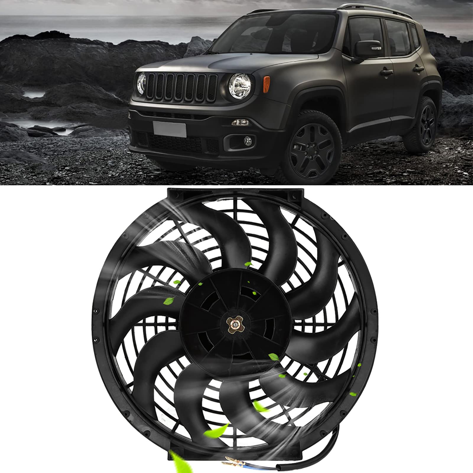 Akozon Universeller elektrischer Kühlerlüfter, 12" Auto Slim Push Pull Elektromotor Lüfter Elektrischer Kühler Slim Fan mit Montagesatz S Blade Reversible 12V 80W