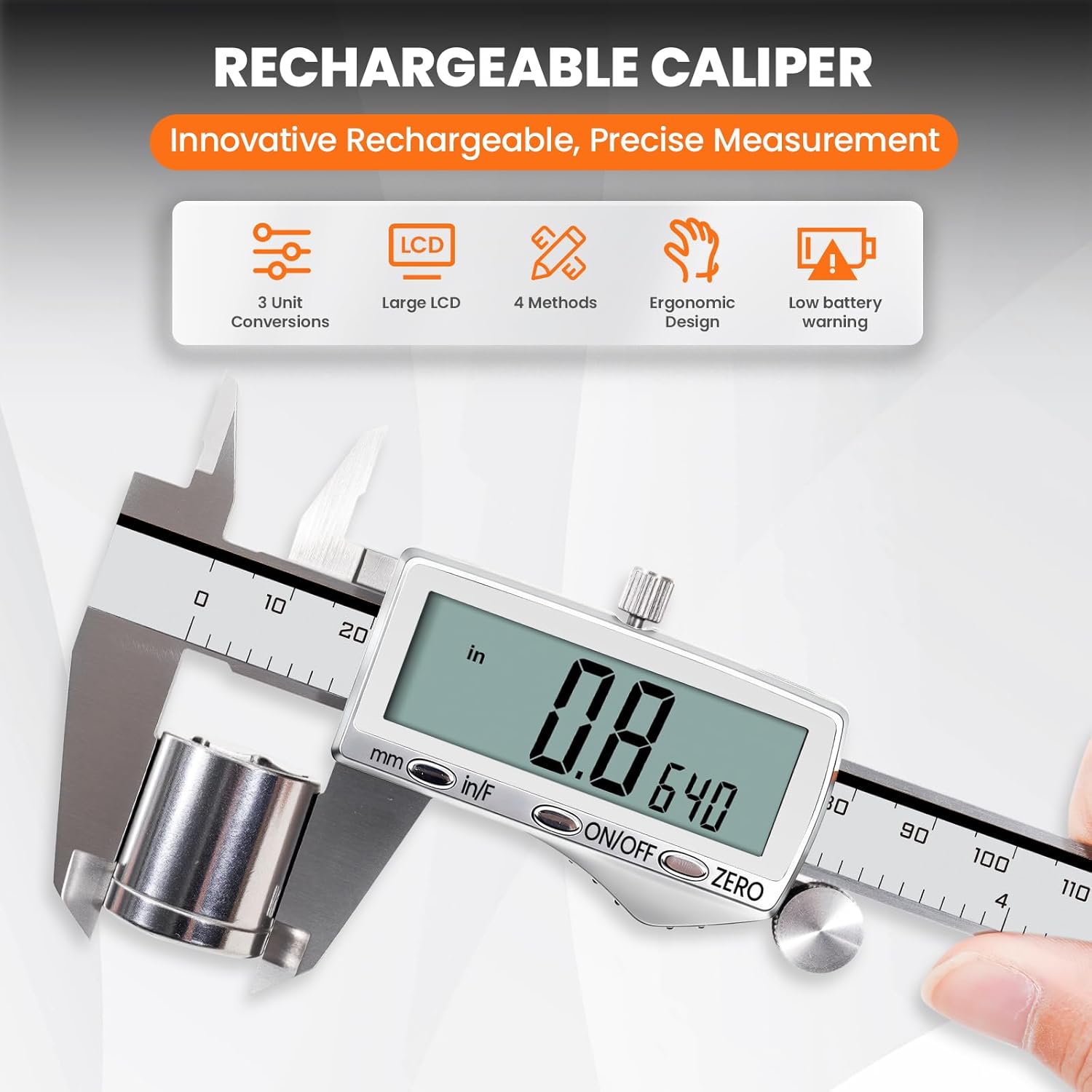 HARDELL Digital Caliper, Rechargeable Calipers with Large LCD Screen, Stainless Steel Caliper Measuring Tool, Auto-Off, Inch/MM/Fraction for DIY/Household/3D-printing