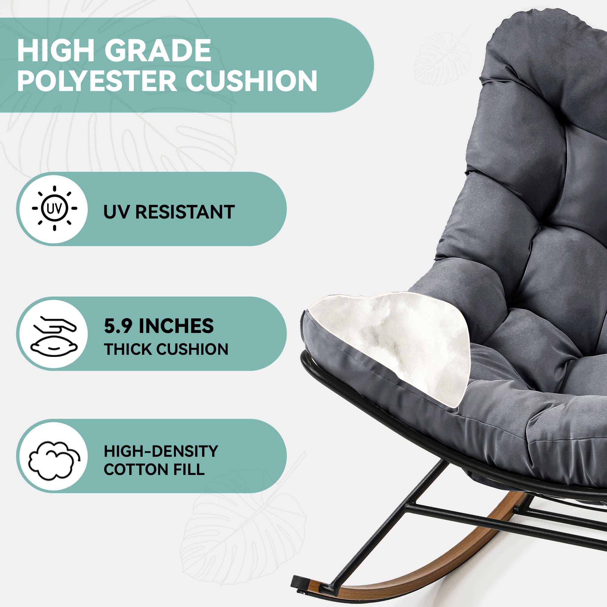 YITAHOME Übergroßer Schaukelstuhl, breite Schaukelliege mit extra dickem Sitzkissen, bequemer Loungesitz für den Innen- und Außenbereich, Wohnzimmer, Terrasse, Garten, Veranda (Grau)