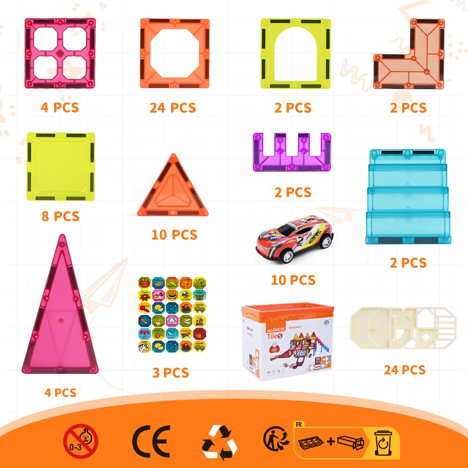 Gavgroom Costruzioni Magnetiche 95 Tessere Magnetiche Bambini Giochi Magneti Costruzioni per Bambini 3 Anni con 10 Macchinine a Frizione Regalo per Ragazzi e Ragazze di 3 4 5 6 Anni