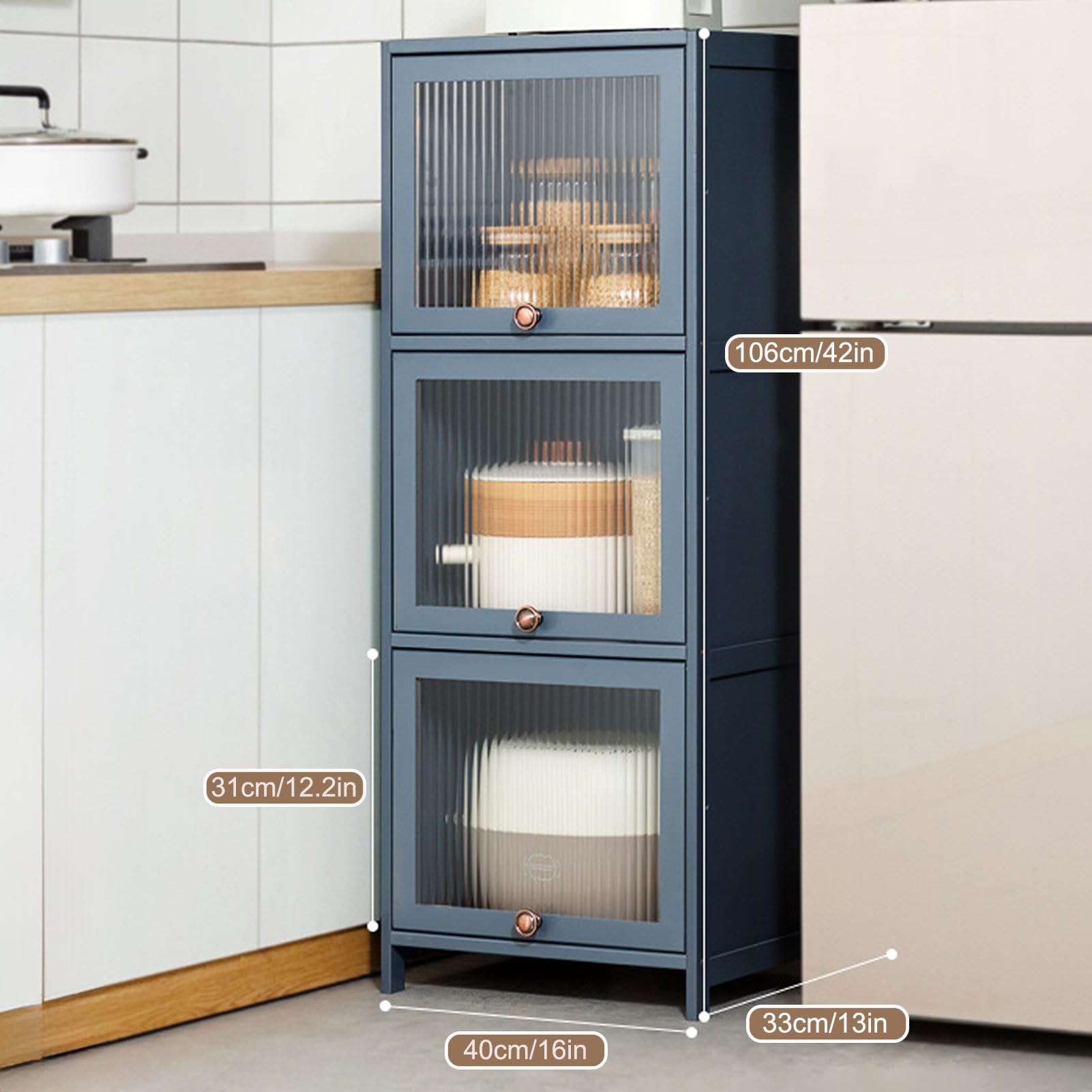 Armadietto alto a 5 ripiani con ante per cucina, bagno e soggiorno, elegante armadio da pavimento grigio, 40 x 106 cm, salvaspazio