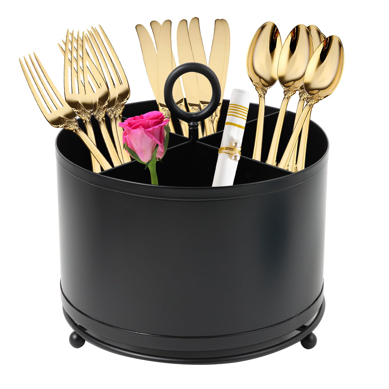 360°Rotating Silverware Caddy,Countertop Silverware Holder,Round Cutlery Caddy Fork Spoon Knife Utensil Organizer Plastic Flatware Holder for Parties Desk Organizer Caddy Pen Pencil Holder -Black