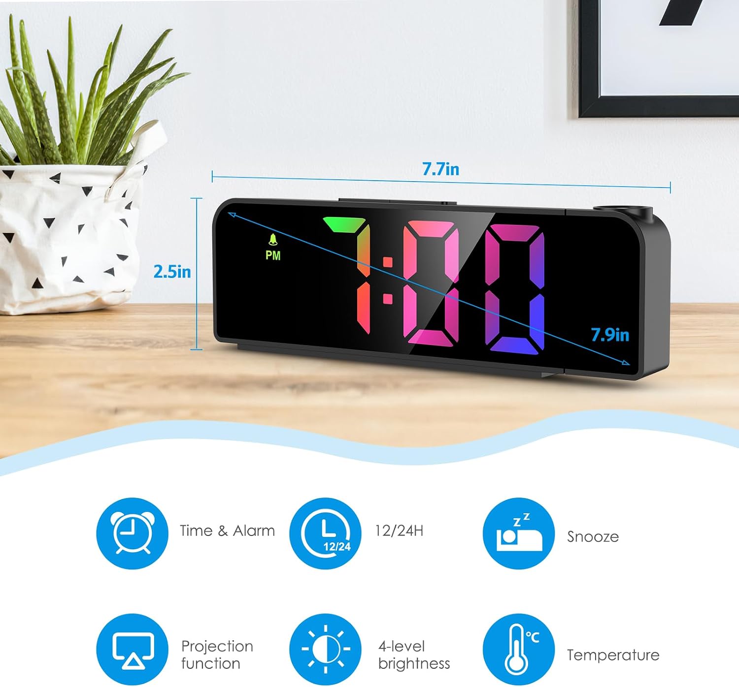 Projection Alarm Clock for Bedrooms, 7.9" Large LED Display Alarm Clock with 180° Projection on Ceiling Wall with 4 Level Brightness, USB Charging,12/24H, Battery Backup, Snooze