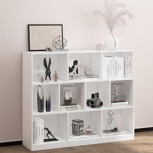 Miniatura 6 de Estantería de madera de 10 cubos con base, estantería horizontal independiente de 3 niveles, estantería abierta con cubo organizador de