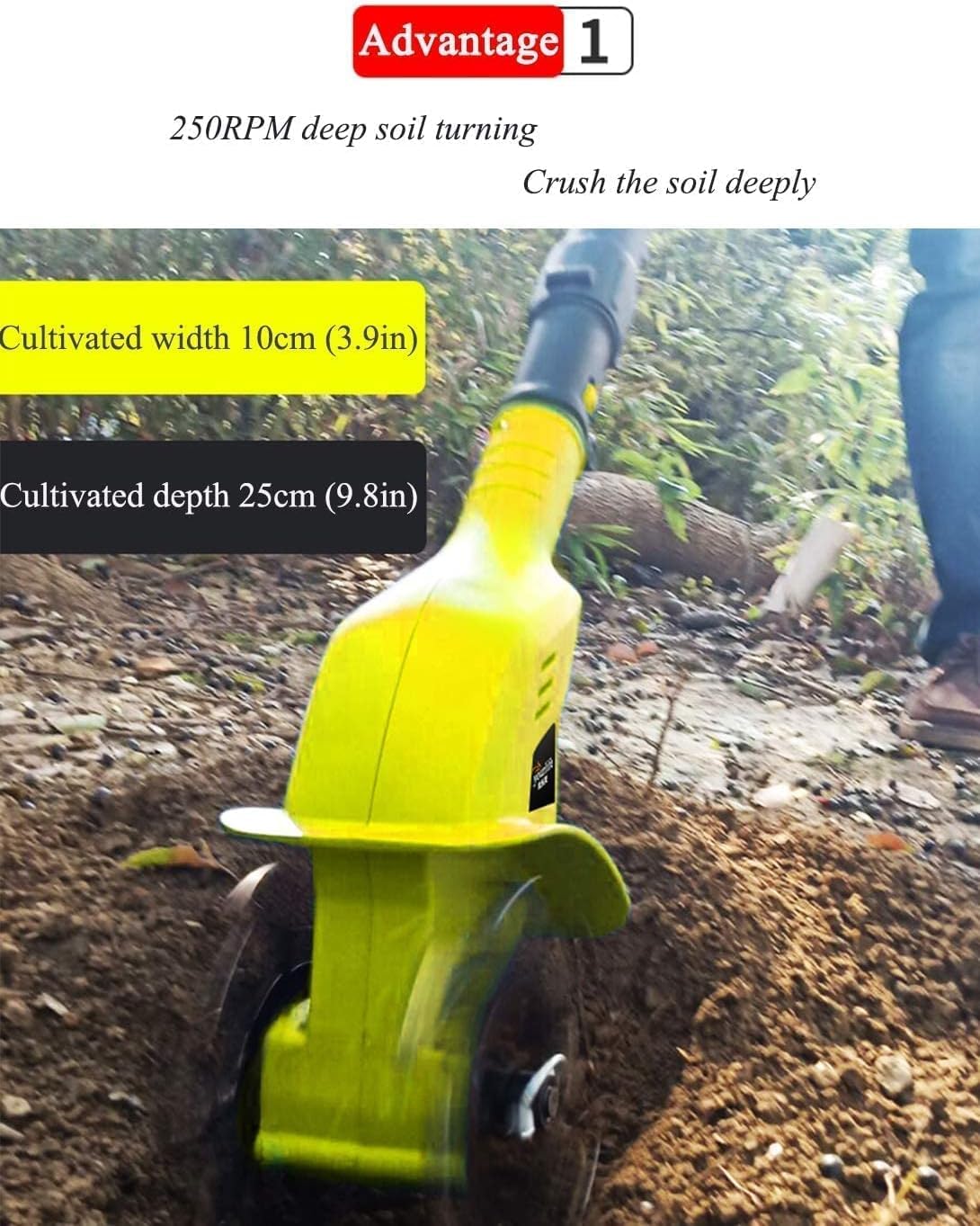 Motoazada para jardín, Rotavator Motoazada a batería con batería de Litio, Ancho de Trabajo 10 cm, Profundidad 25 cm, con batería de Litio de 2,0 Ah y Cargador rápido para huertos