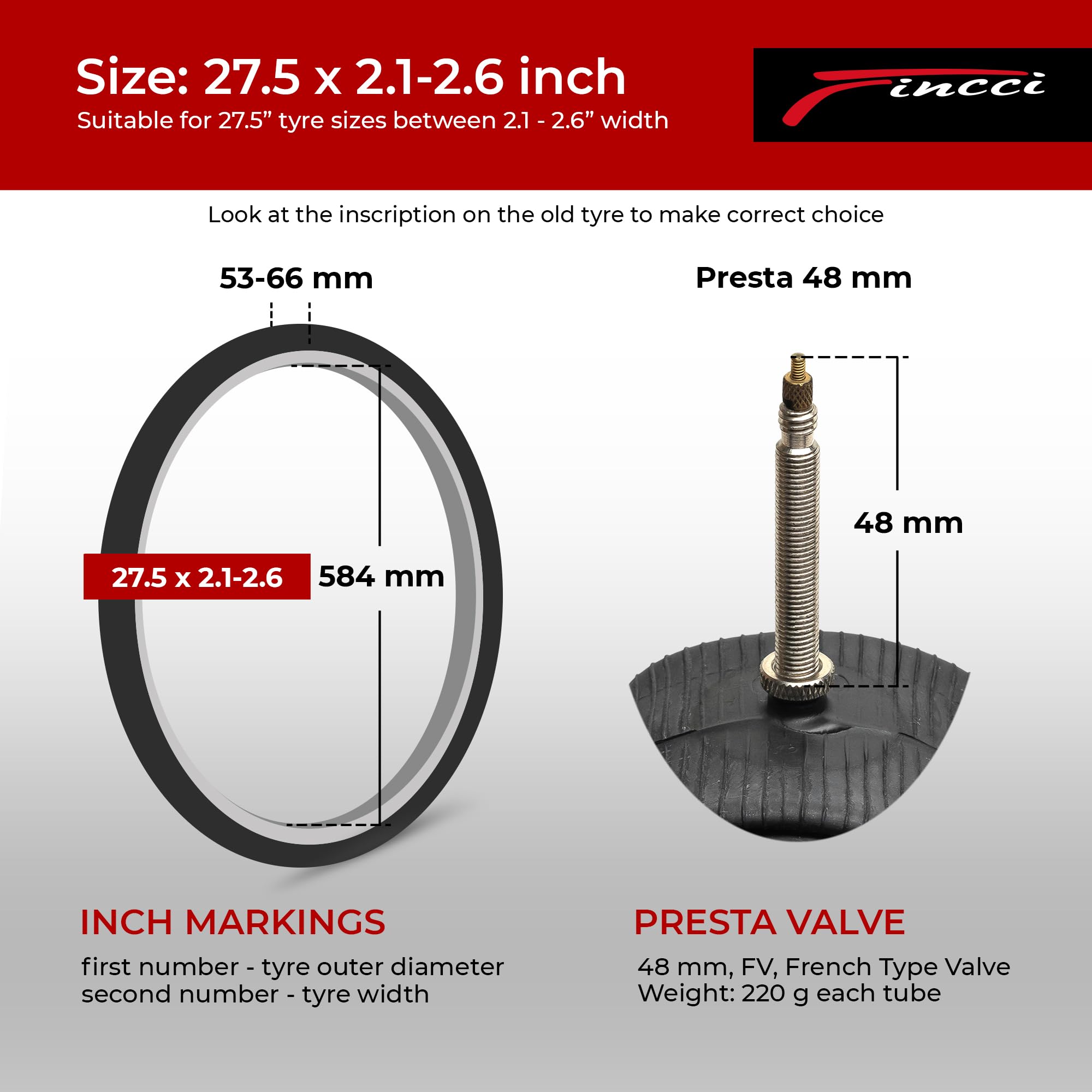 Fincci 27.5 x 2.1/2.2/2.3/2.35/2.4/2.5/2.6 Inch Bike Inner Tube – 48mm Presta Valve – Butyl Rubber – Fits Mountain & Hybrid Bikes – Pack of 2