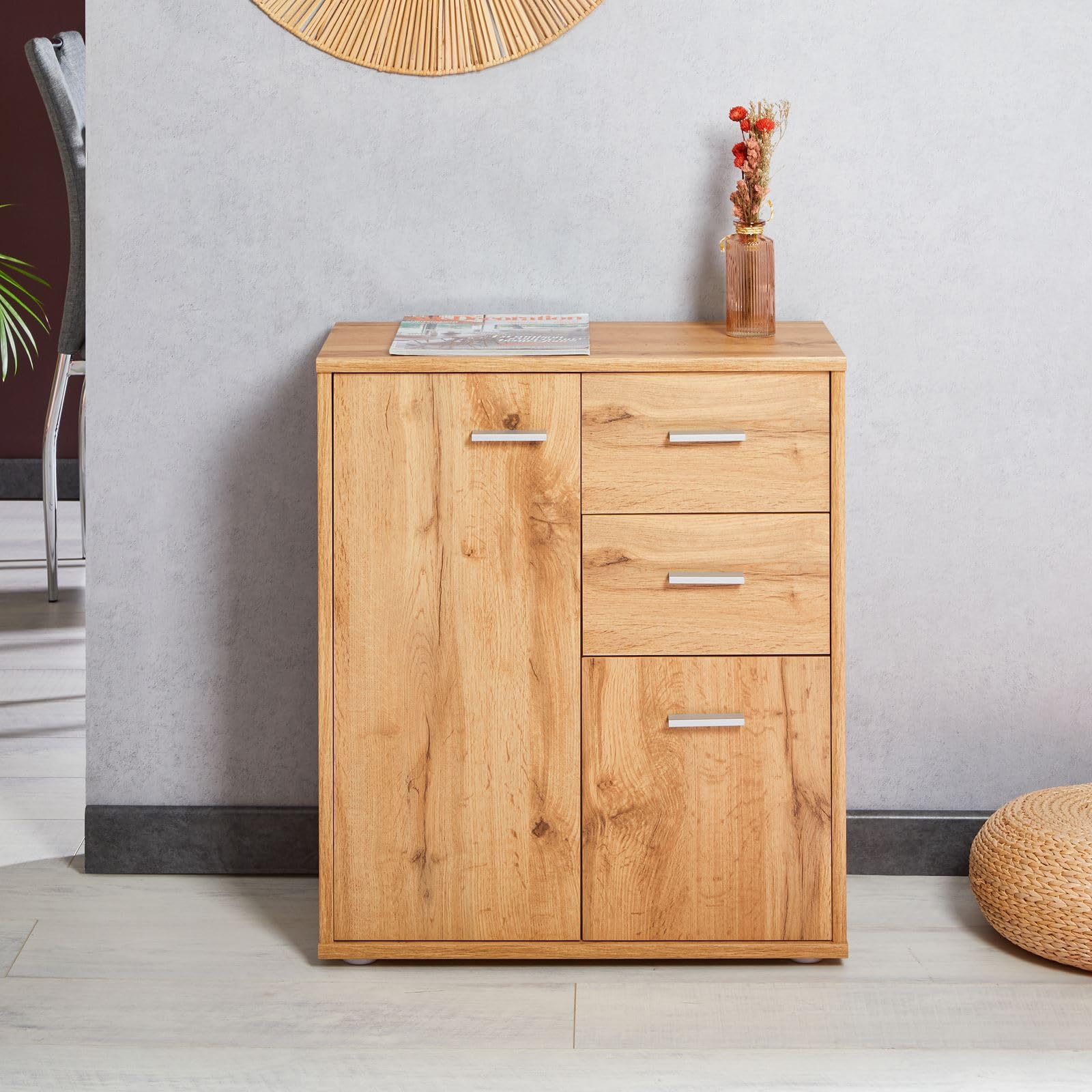 CARO-Möbel Kommode Locarno mit 2 Türen und Schubladen, modernes Highboard Bürokommode in Wotan Eiche