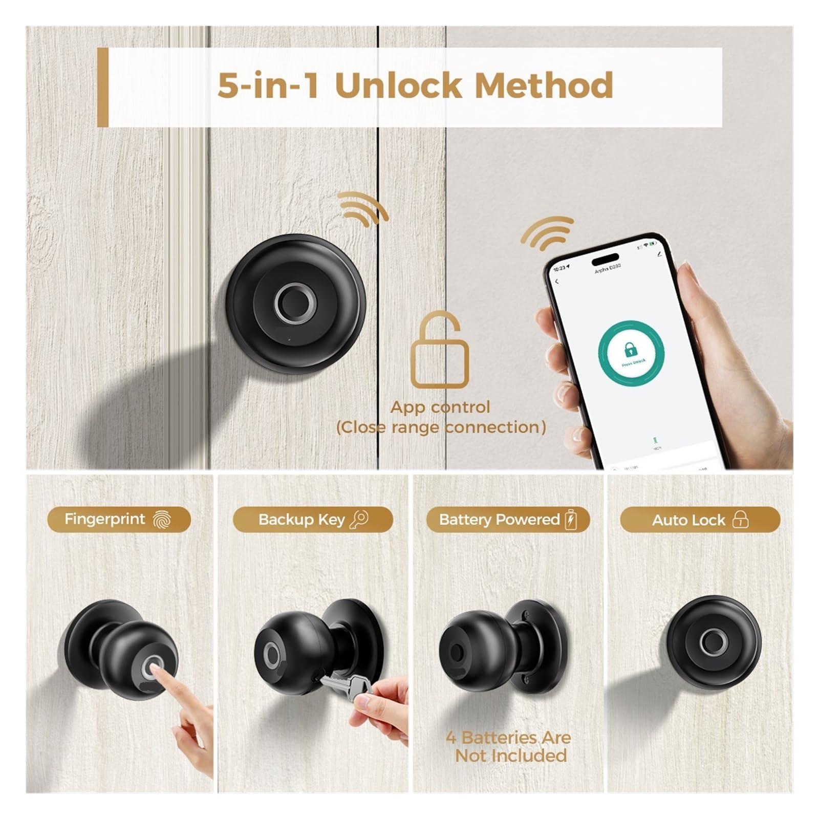 Serrure de porte intelligente ‎Sans fil WiFi Biométrique Bouton d'empreinte digitale Contrôle par application Boule Installation facile(Silver)