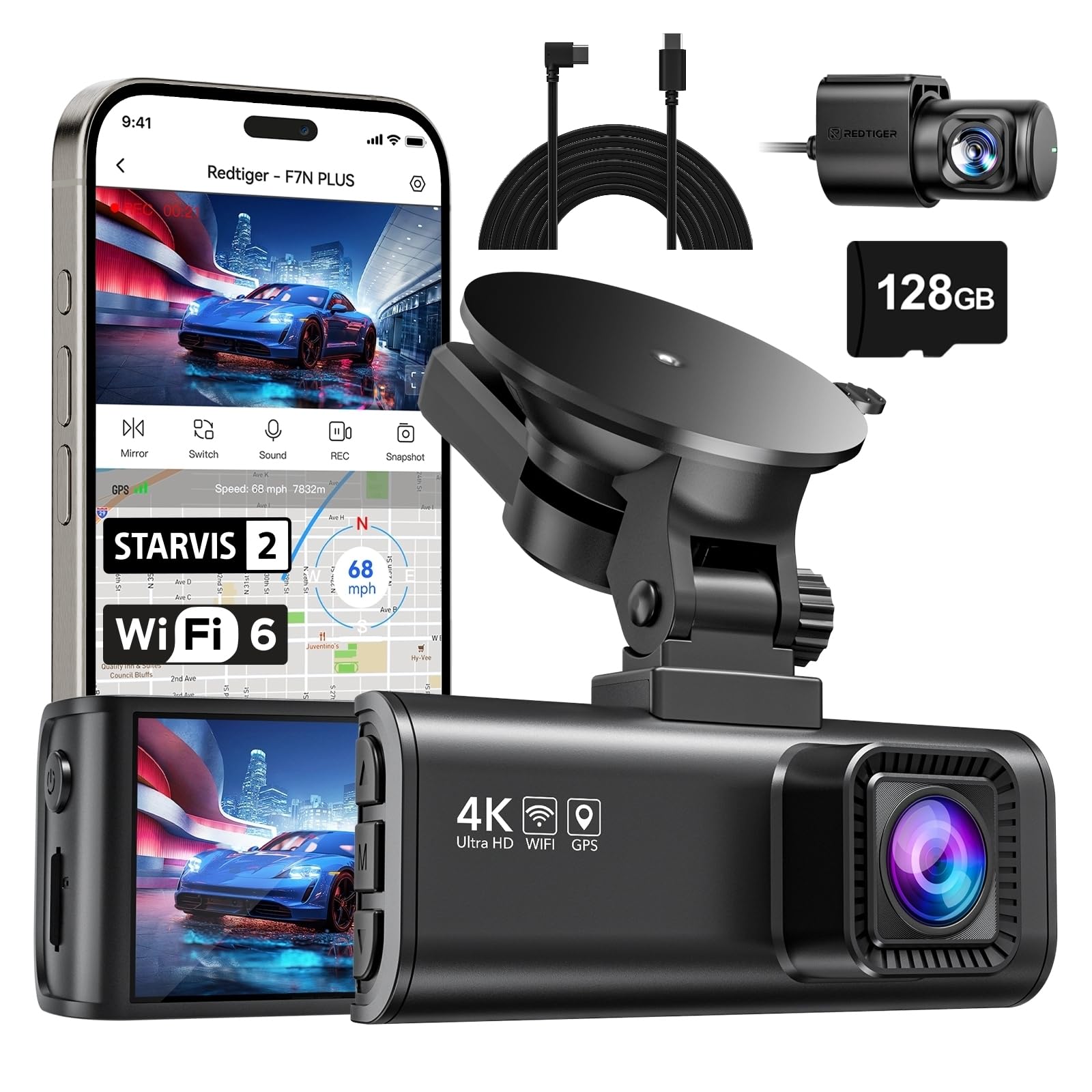 REDTIGER 4K Dashcam Voiture et USB-C to USB-C Power Cord,STARVIS 2,Écran IPS 3,18 Pouces,Carte 128 Go Incluse, WiFi 5,8 GHz,GPS,Vision Nocturne,Grand Angle 170° WDR,Moniteur de Stationnement