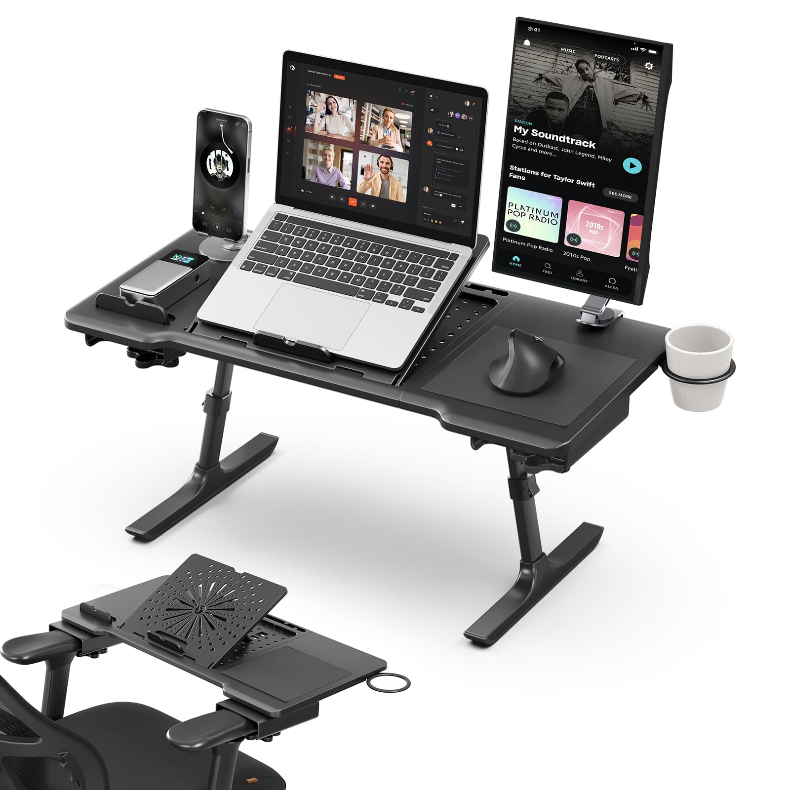 Newtral Laptop Bed Tray Desk, Height & Angle Adjustable Foldable Laptop Stand w/Cup Holder, Mousepad, Laptop Table Bookstand for Gaming, Working, Sofa & Office Chairs Use