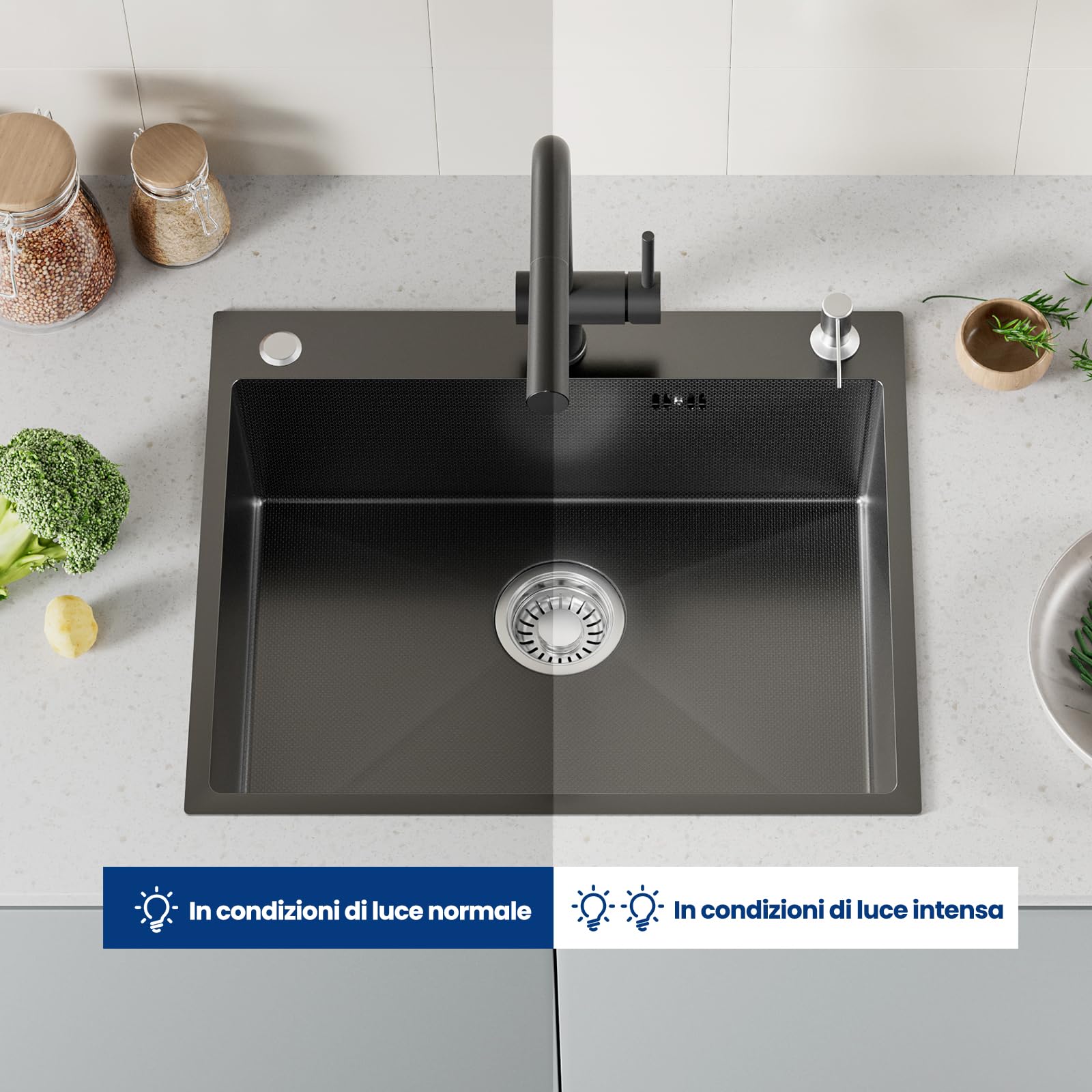CECIPA 60x49 cm Lavello Nero 1 Vasca in Acciaio Inox, Lavandino Cucina 1 Vasca con Dispenser Sapone e Cestello, Lavello Cucina per Mobile da 60cm, da Incasso o Banco, con Sifone e Scarico