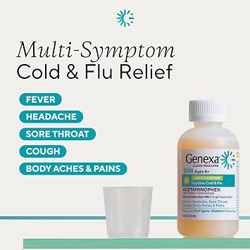 Genexa Kids' Cold & Flu Multi-Symptom Relief, Dye Free, 0% Artificial Additives, Children's Liquid Pain, Fever and Cough Medicine, for Kids 4-11, Delicious Organic Blueberry Flavor, 4 fl oz